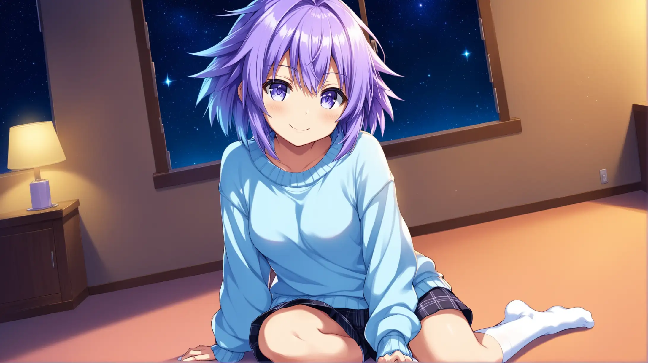 Draw the character Neptune from the Hyperdimension Neptunia series with short hair sitting indoors alone at night while she is wearing pants with white socks and a sweater and smiling at the viewer
