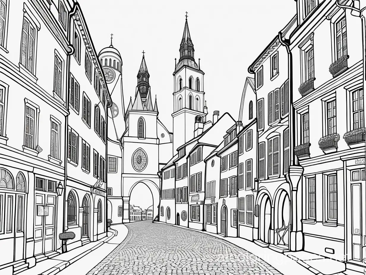 My journey through Europe coloring book, Coloring Page, black and white, line art, white background, Simplicity, Ample White Space. The background of the coloring page is plain white to make it easy for young children to color within the lines. The outlines of all the subjects are easy to distinguish, making it simple for kids to color without too much difficulty