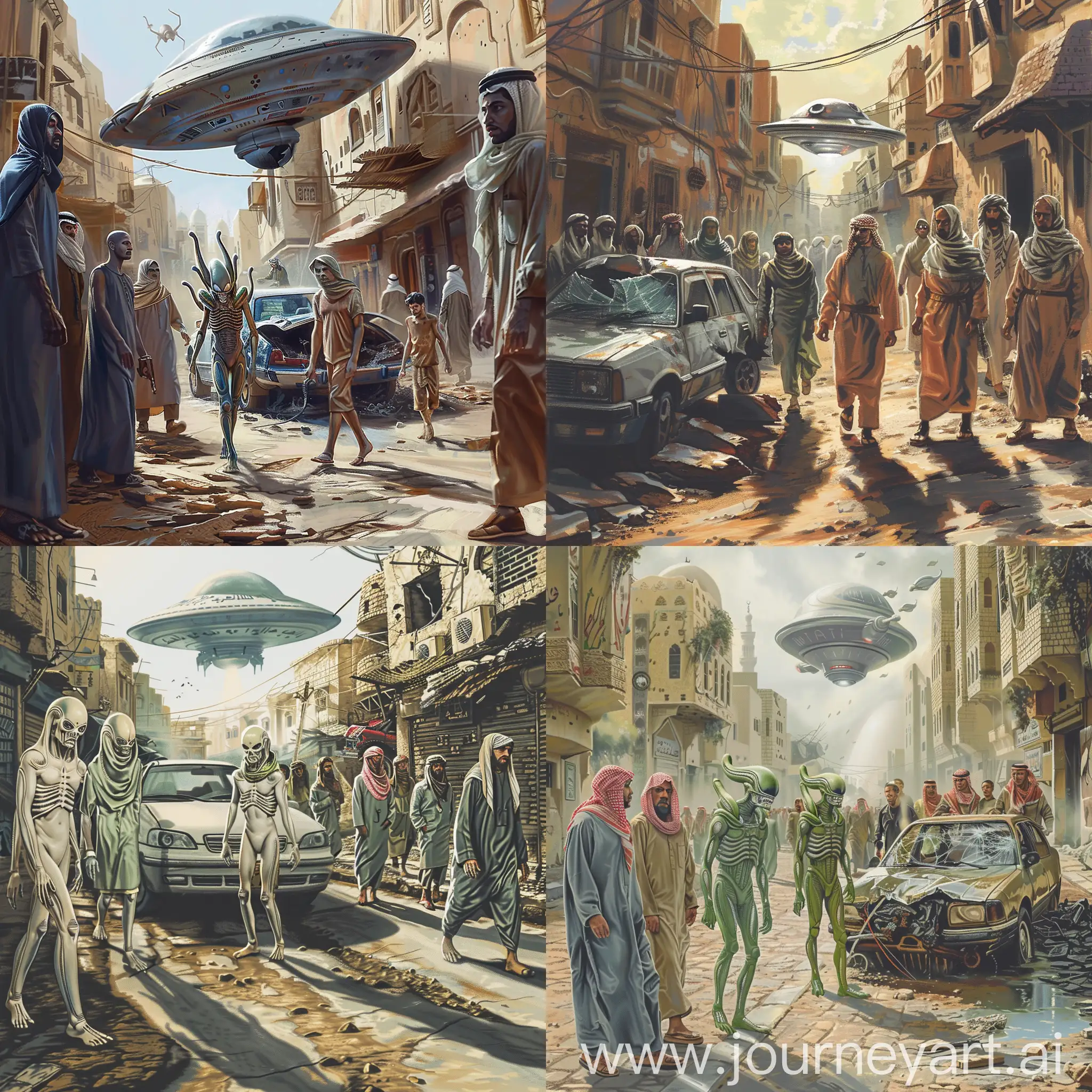 street with aliens walking on it, in the back a car crashed against an UFO, a group arabic men with Keffiyeh is wathing the aliens.
