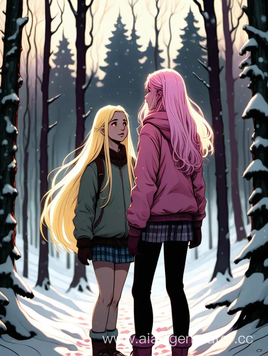 A teenage girl with long light yellow hair stands with her friend in the forest, and in the distance they can see the village they are going to. her friend has short dark hair with pink streaks. It's winter in the forest.