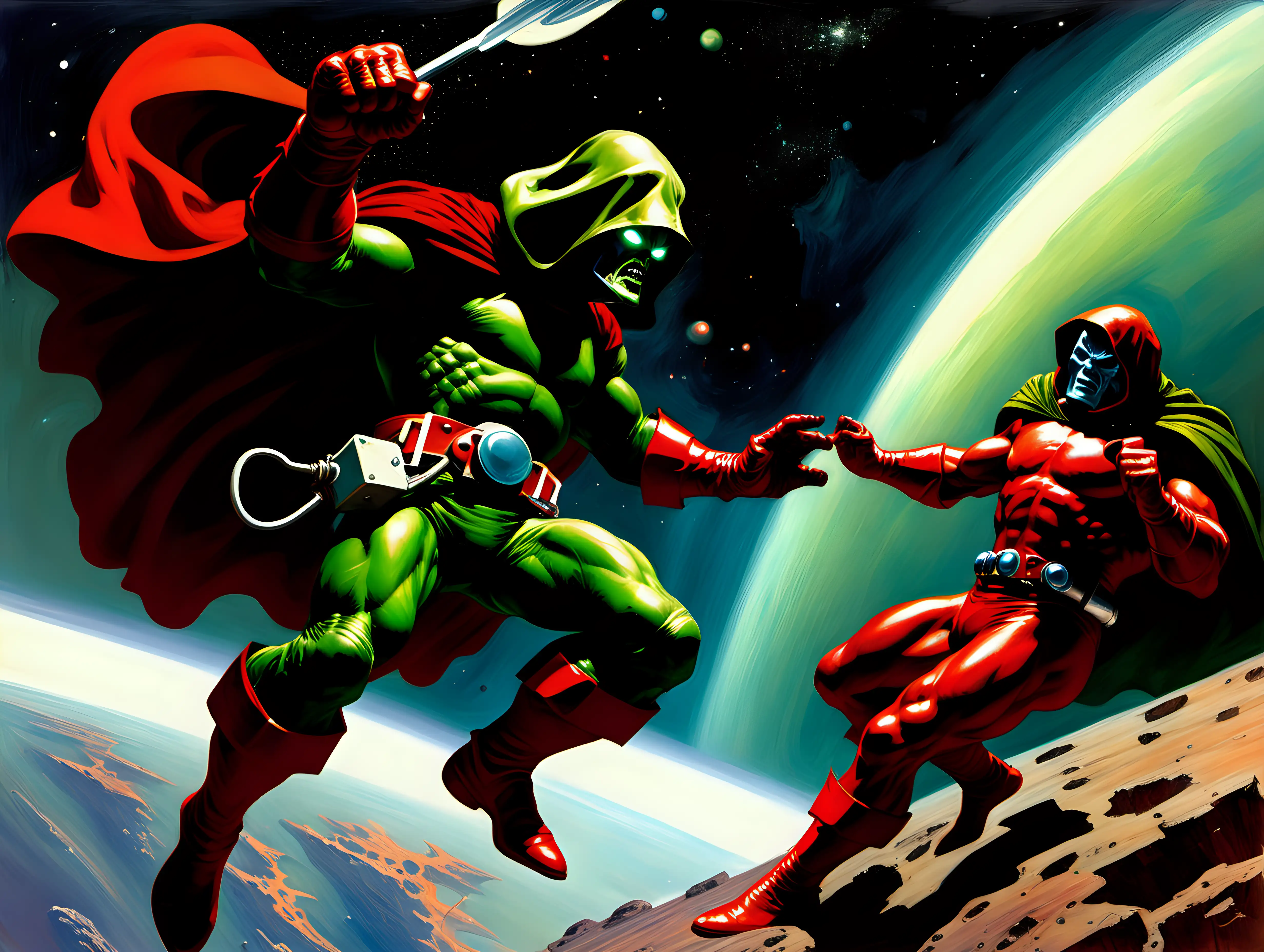 Epic Space Battle Daredevil vs Doctor Doom in Frank Frazetta Style