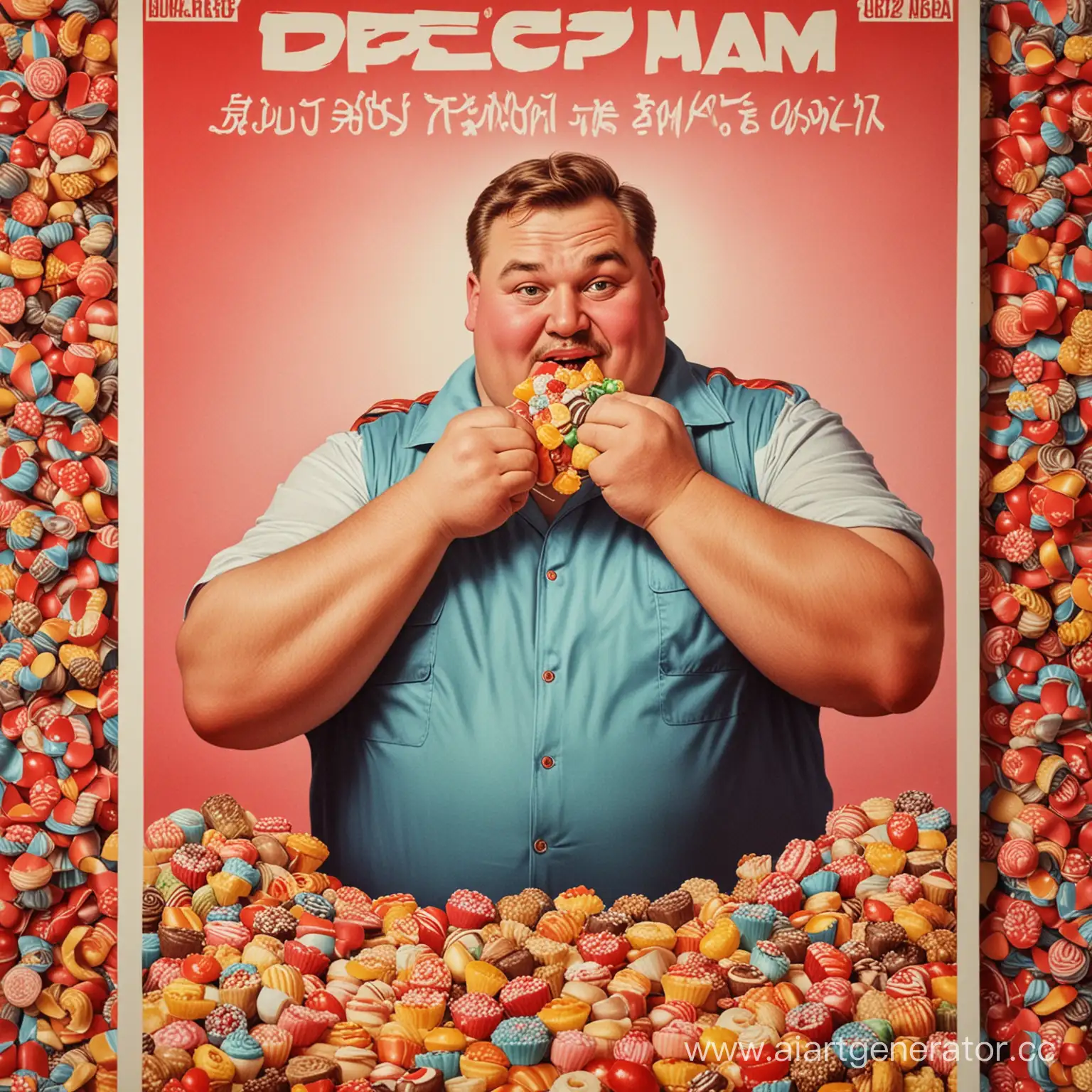 плакат в стиле ссср, где толстыф мужчина есть очень много сладкого