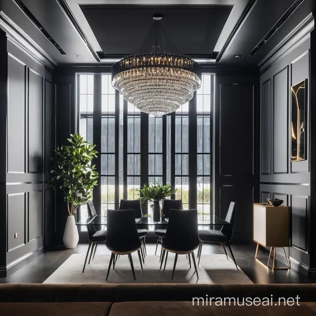 cinematic 400mm photo of a luxurious, contemporary, modern style, simple but yet stylish, large glass, matte black aluminum, wall paneling, artificial lighting, cinematic photography.
