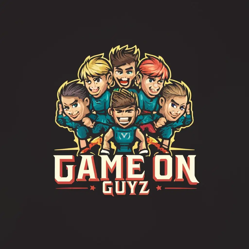 logo, I want a group of boys, each of them doing poses, and all have their faces covered. Background should not be dark, and it should look simple and unique., with the text "GameOn Guyz", typography, be used in Entertainment industry