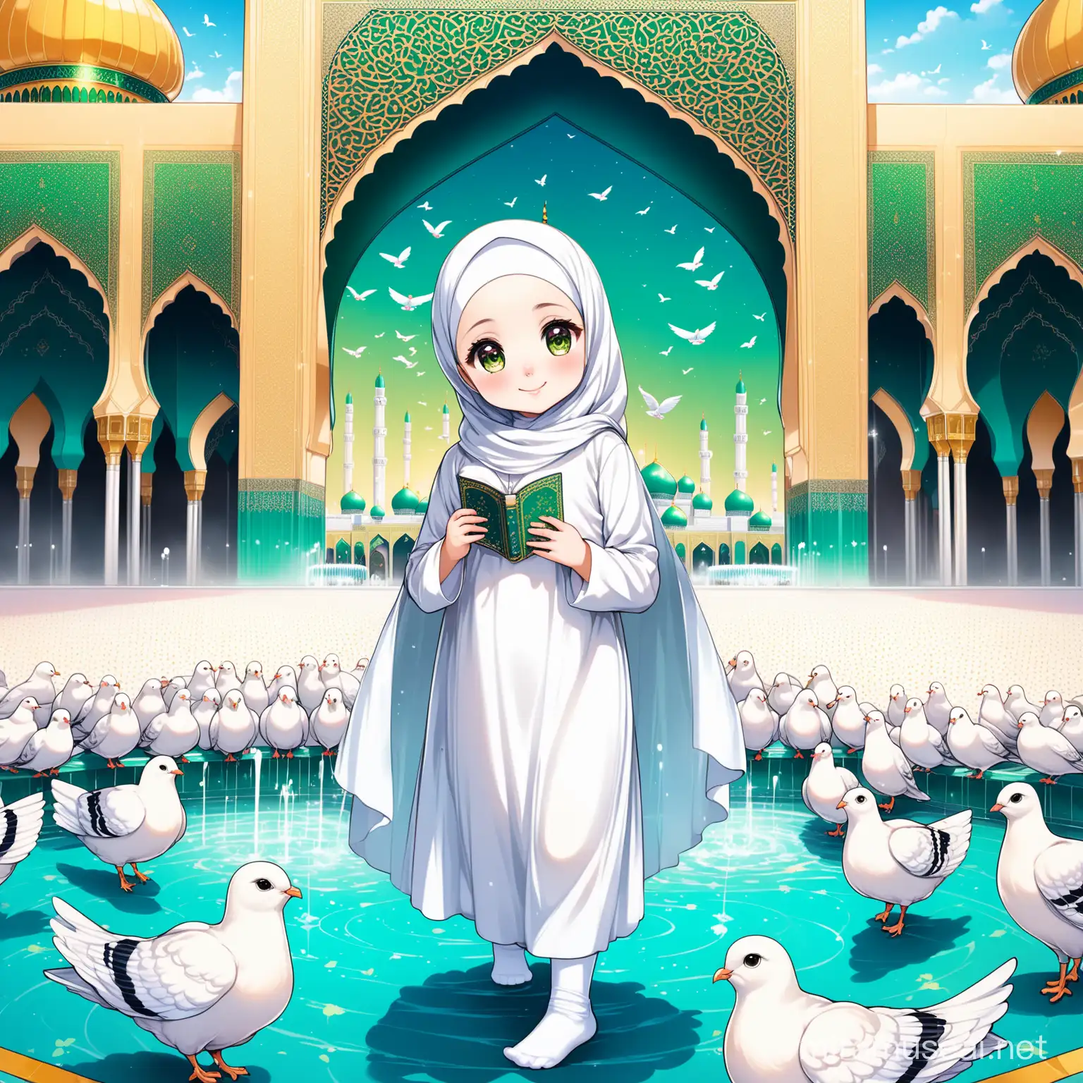 Character Persian little girl(full height, Big white flag in one hand proudly, baby face, Muslim, with emphasis no hair out of veil(Hijab), smaller eyes, bigger nose, white skin, cute, smiling, wearing socks, clothes full of Persian designs).

Atmosphere beautiful shrine of Imam Reza, yard, Colorful, pond with water fountain, many pigeons, nobody.