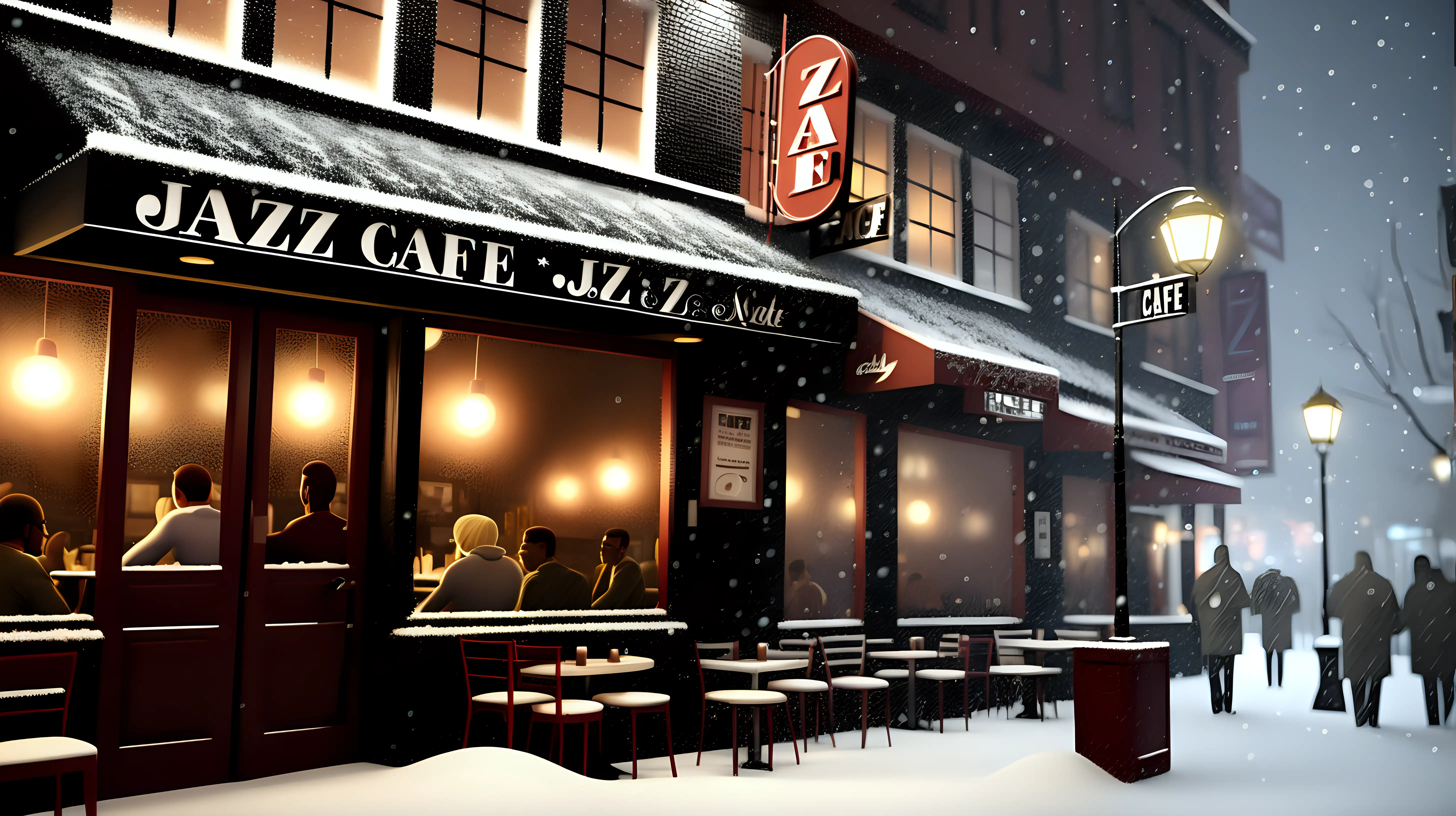 Cozy Jazz Cafe Night Scene with Snowfall