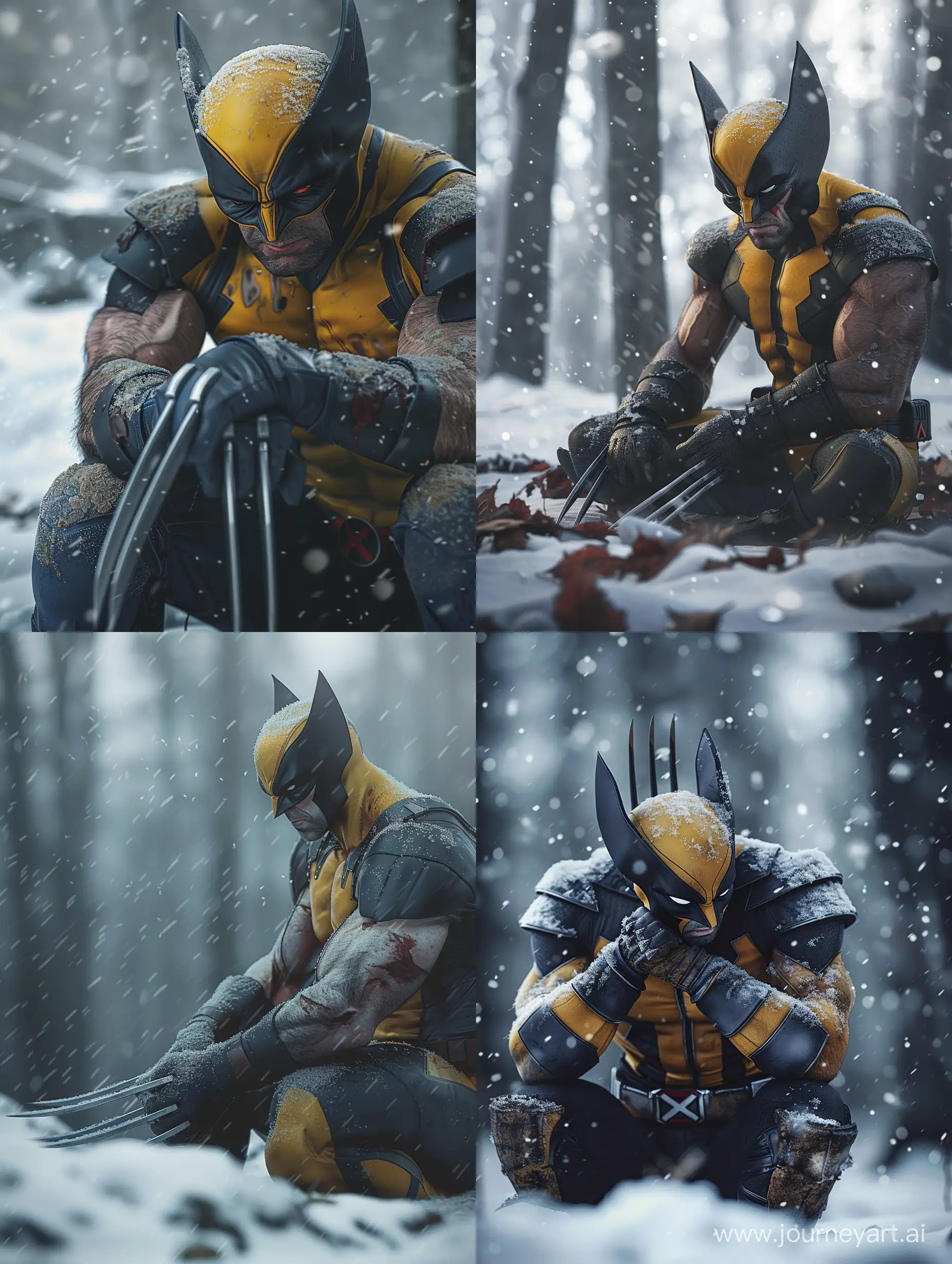 realistic logan wolverine from x man siting sad in snow focus highly detailedd --style raw 
