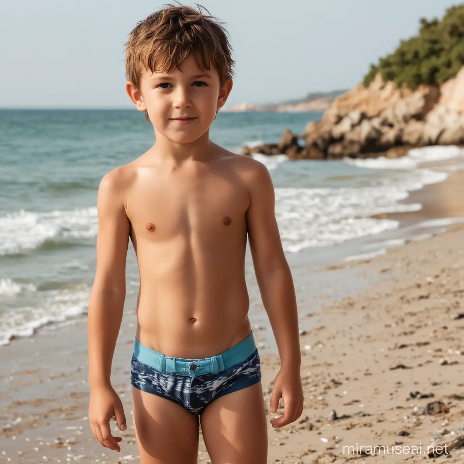 shirtless child by the beach