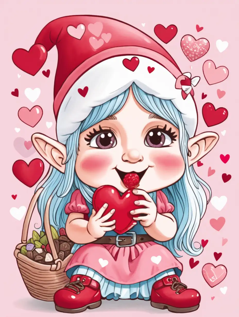 Adorable Gnome Girl Enjoying a Valentines Day Cartoon Feast