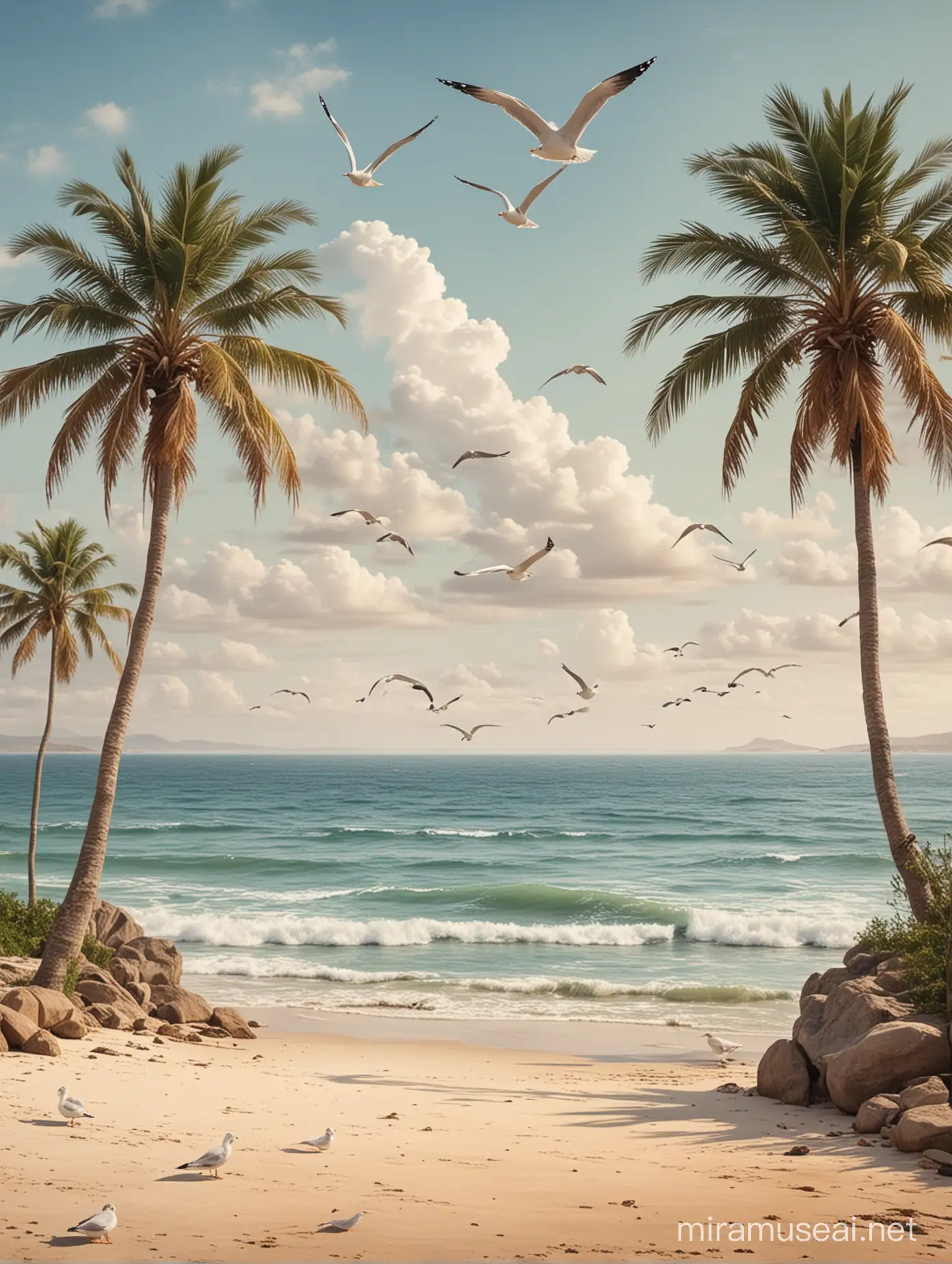 Beach Scene with Distant Seagulls and Palm Trees