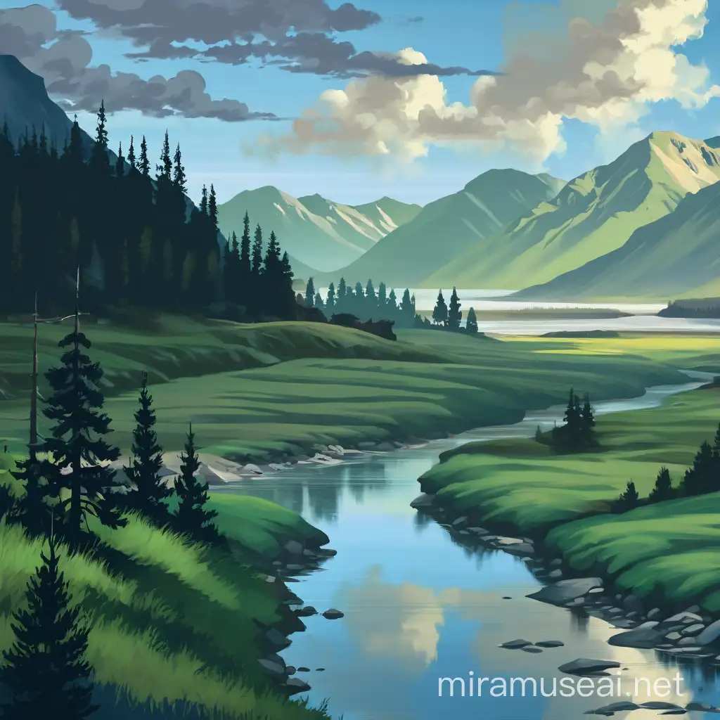 In vintage painting style, a wild north american landscape with a river on first plan, mountains on the back, pine trees on the banks, in speedpainting style