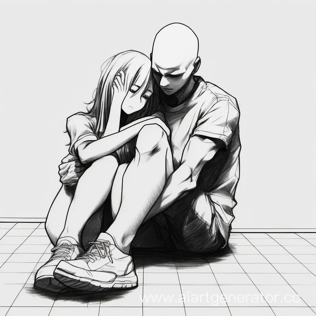 This is a reference drawing for drawing in manga style, with realistic proportions. It shows a guy and a girl sitting next to each other, hugging their knees. The figure shows only the outline of the figure. There are no clothes, no hair, no eyes in the drawing, just blanks in the form of a pose