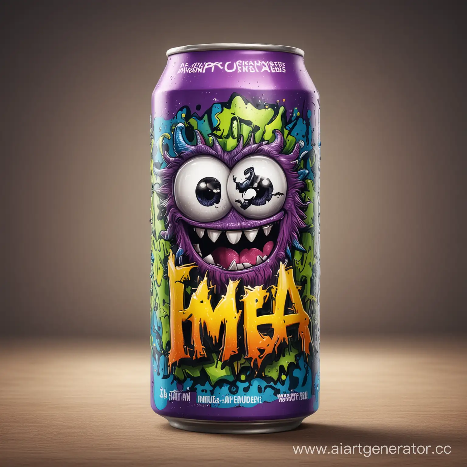 Photorealistic photo of a colorful energy drink with an image of a funny monster with the inscription “Imba” in Doodling style.