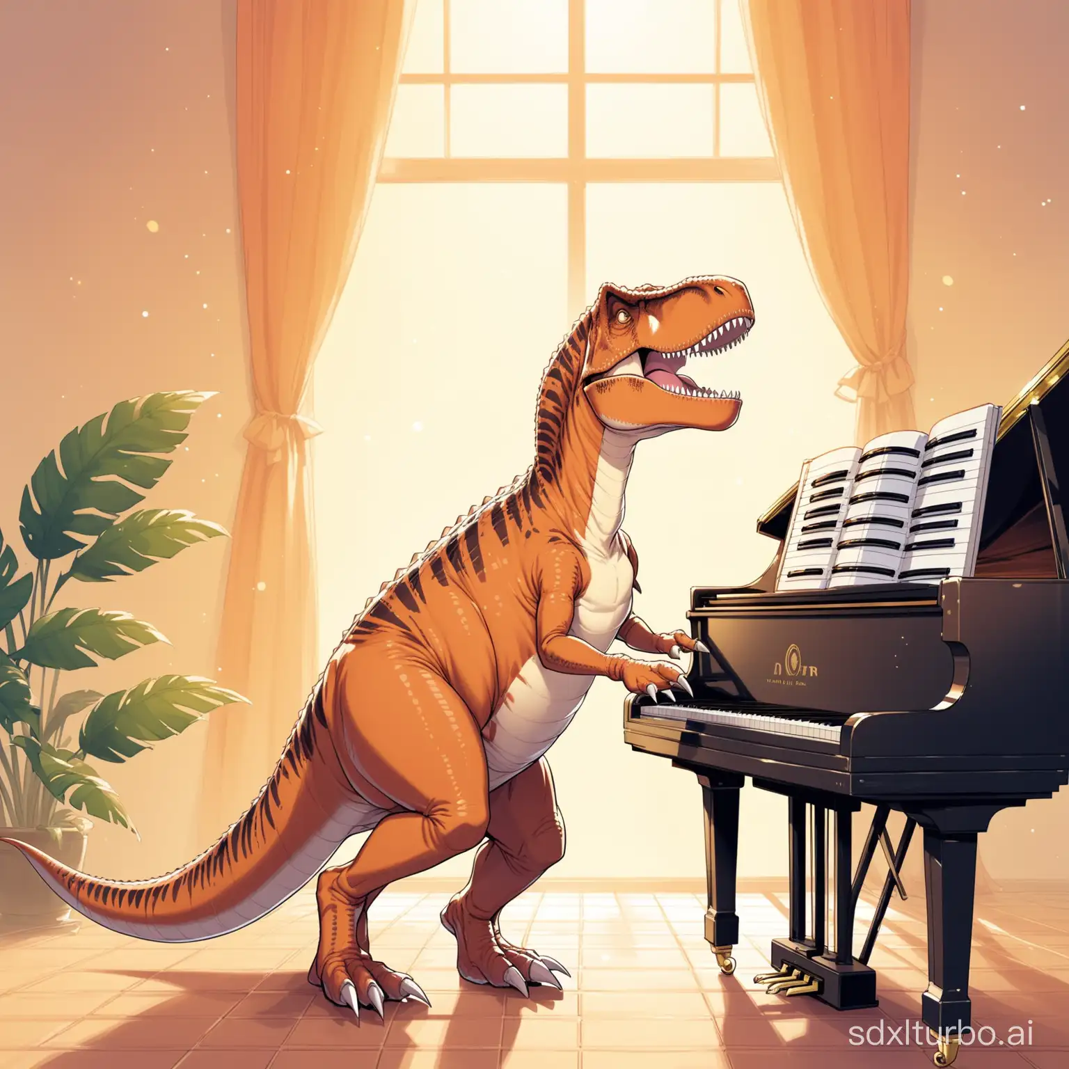 a t-rex dinosaur playing piano