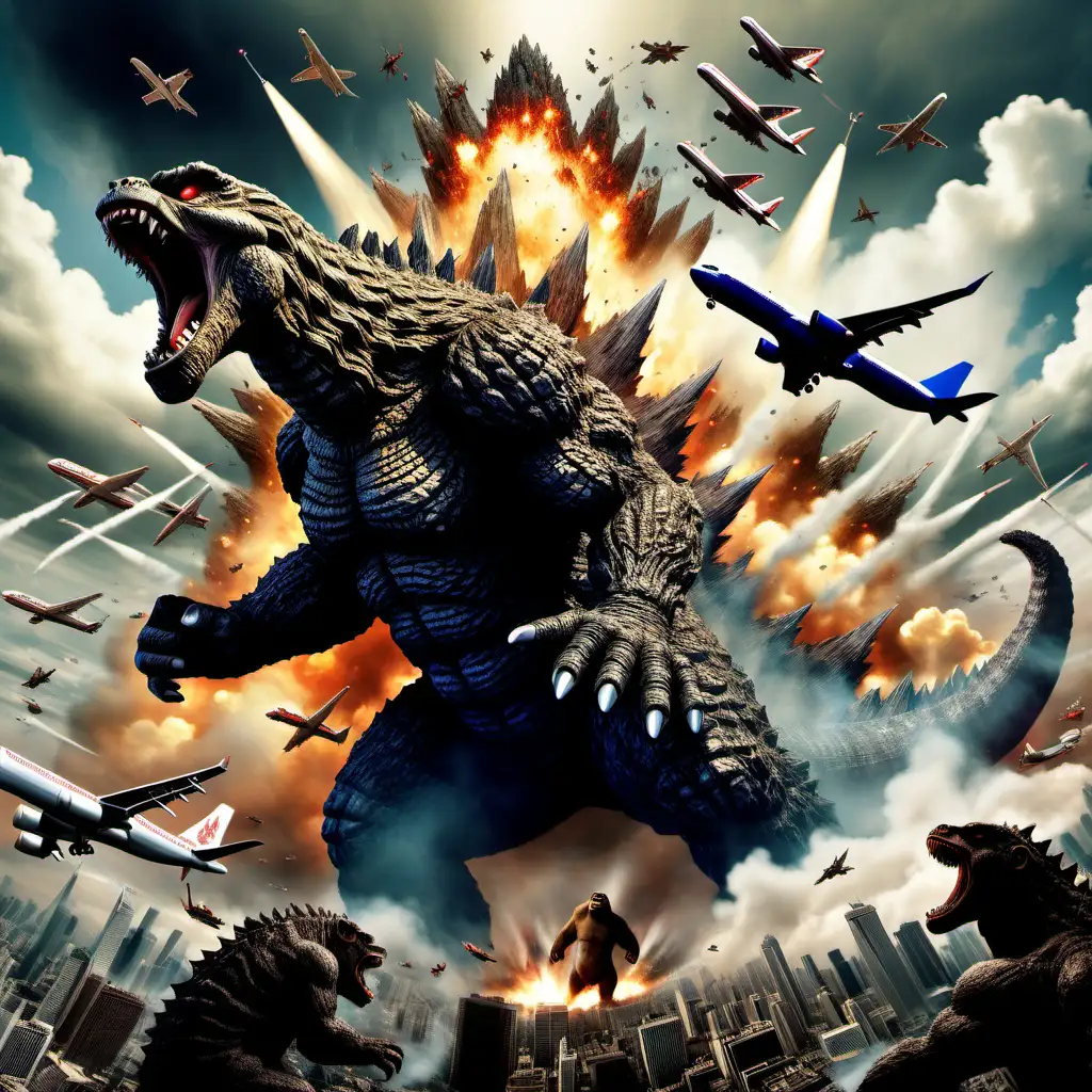 Giant godzilla fighting a million airplanes. Stomping on a multihead monster called king ghidora.  Godzilla is firing fire from its mouth at a giant ape King Kong. King kong is a giant ape.