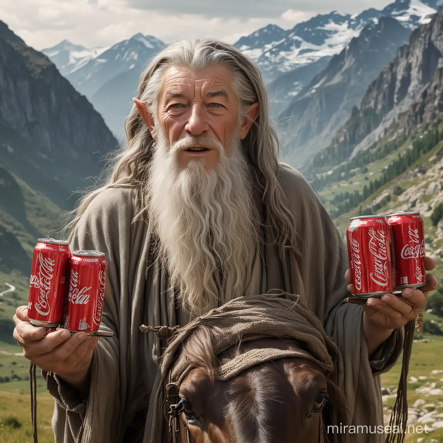 Gandalf rides a chariot with zero Coca cola cans with a wild expression on his face in a mountain landscape