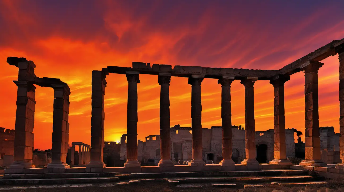 Vibrant Mediterranean Sunset Casting Fiery Glow on Ancient Ruins