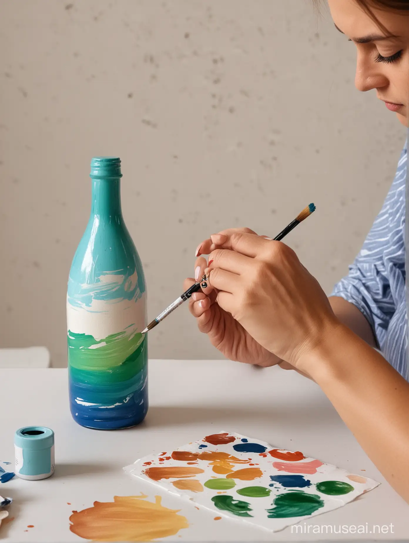 A woman painting a bottle with acrylic paints