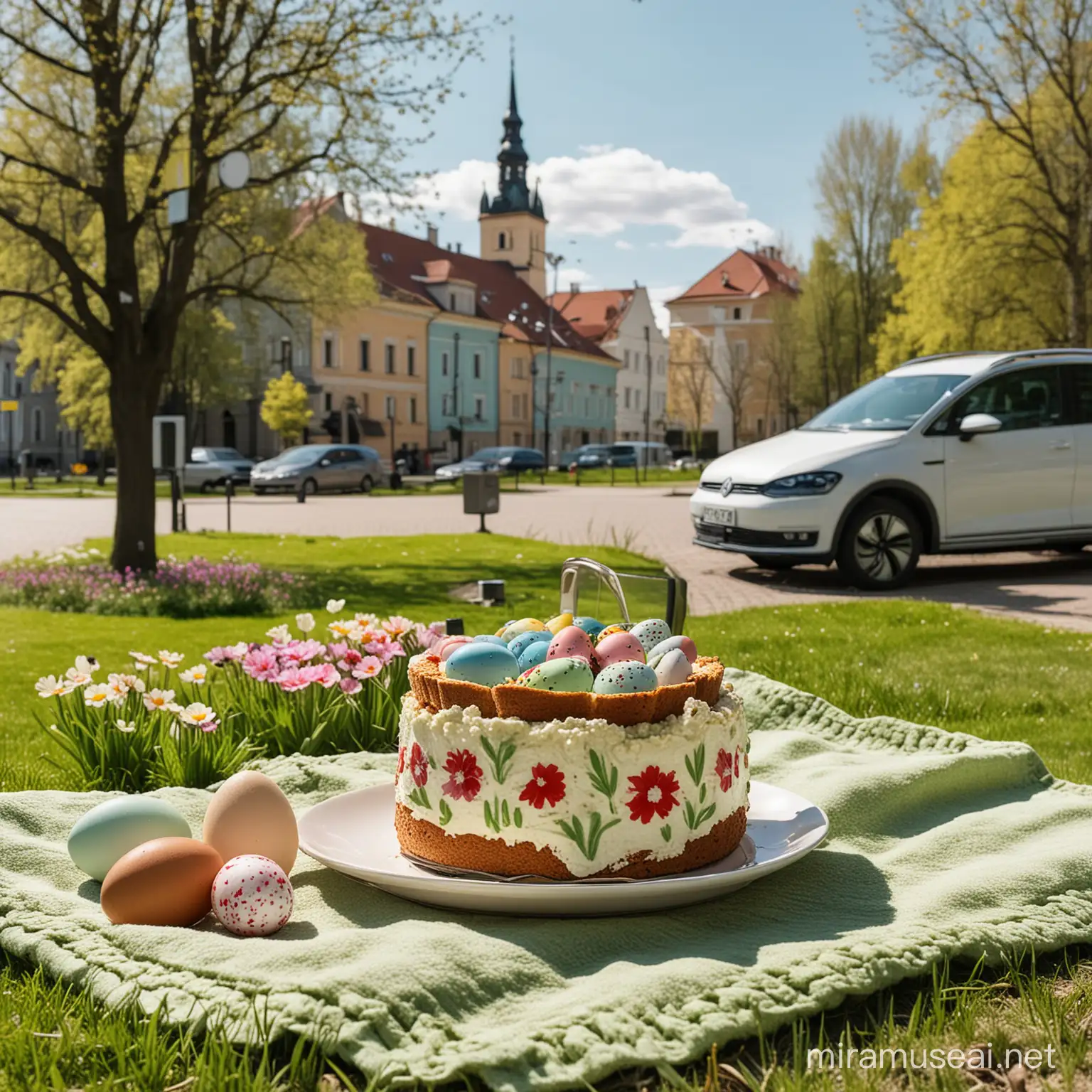 A beautiful spring day in a park in Vilnius, Lithuania. A close-up foreground shows Easter eggs in a basket and a cut piece of Easter cake on a plate, placed on a blanket on a green meadow with spring flowers. An electric vehicle charging station can be seen in the distance and an electric VW ID.4 parked behind the charging station. Buildings from a beautiful residential neighborhood in Vilnius, Lithuania can be seen behind the park.