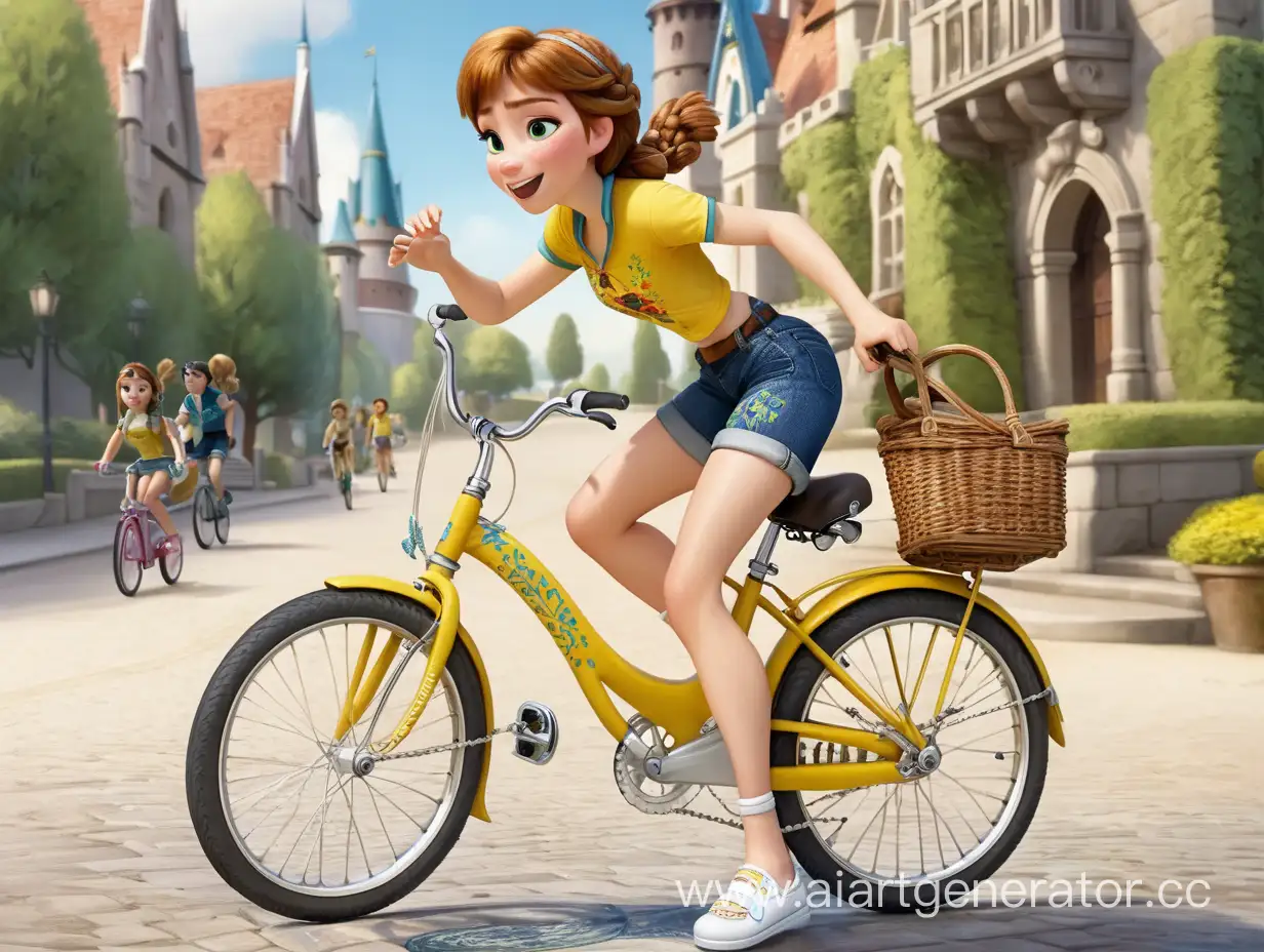 Princess-Anna-Cycling-in-Stylish-Yellow-Top-and-Jean-Shorts