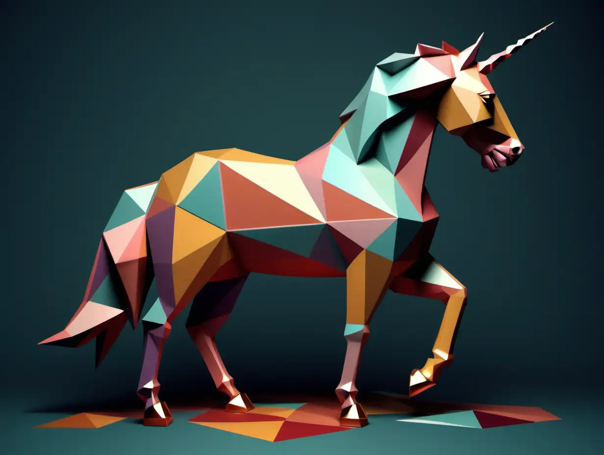 Powerful Unicorn Sculpture Abstract Polygon Art with Muted Autumn Colors