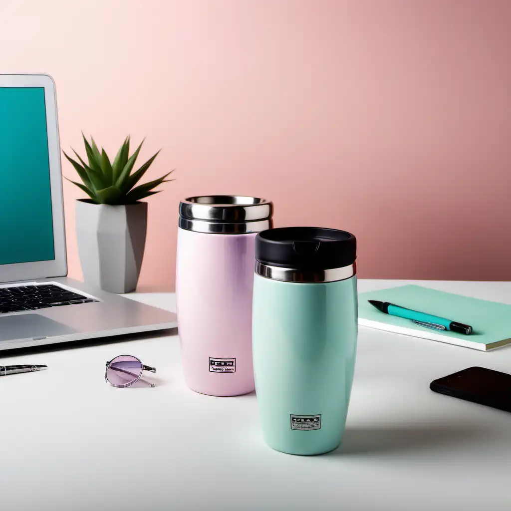 Subject: half size travel Drink container | Style: Contemporary pastels | Setting: modern workplace | Mood: Trendy

Subject: Travel-size drink mug | Style: Contemporary pastels | Setting: Busy office desk | Mood: Energetic
Details: Sleek stainless steel, corporate hues, office hustle backdrop | Camera: Top-down | Aperture: Moderate | Lighting: Fluorescent | Composition: Dynamic angles