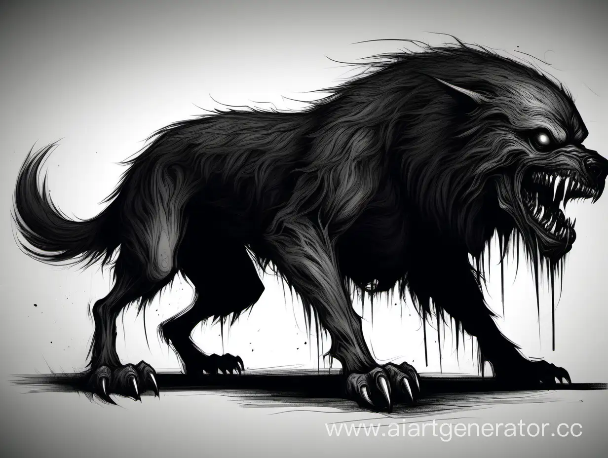 Страшный зверь, похожий на огромную собаку, в хоррор стиле, преобладает чёрный цвет в рисовке, без фона