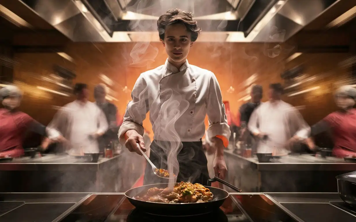 Top shot, a 28 years old person cooking delicious food, it looks pretty hot, cinematic, movie poster 