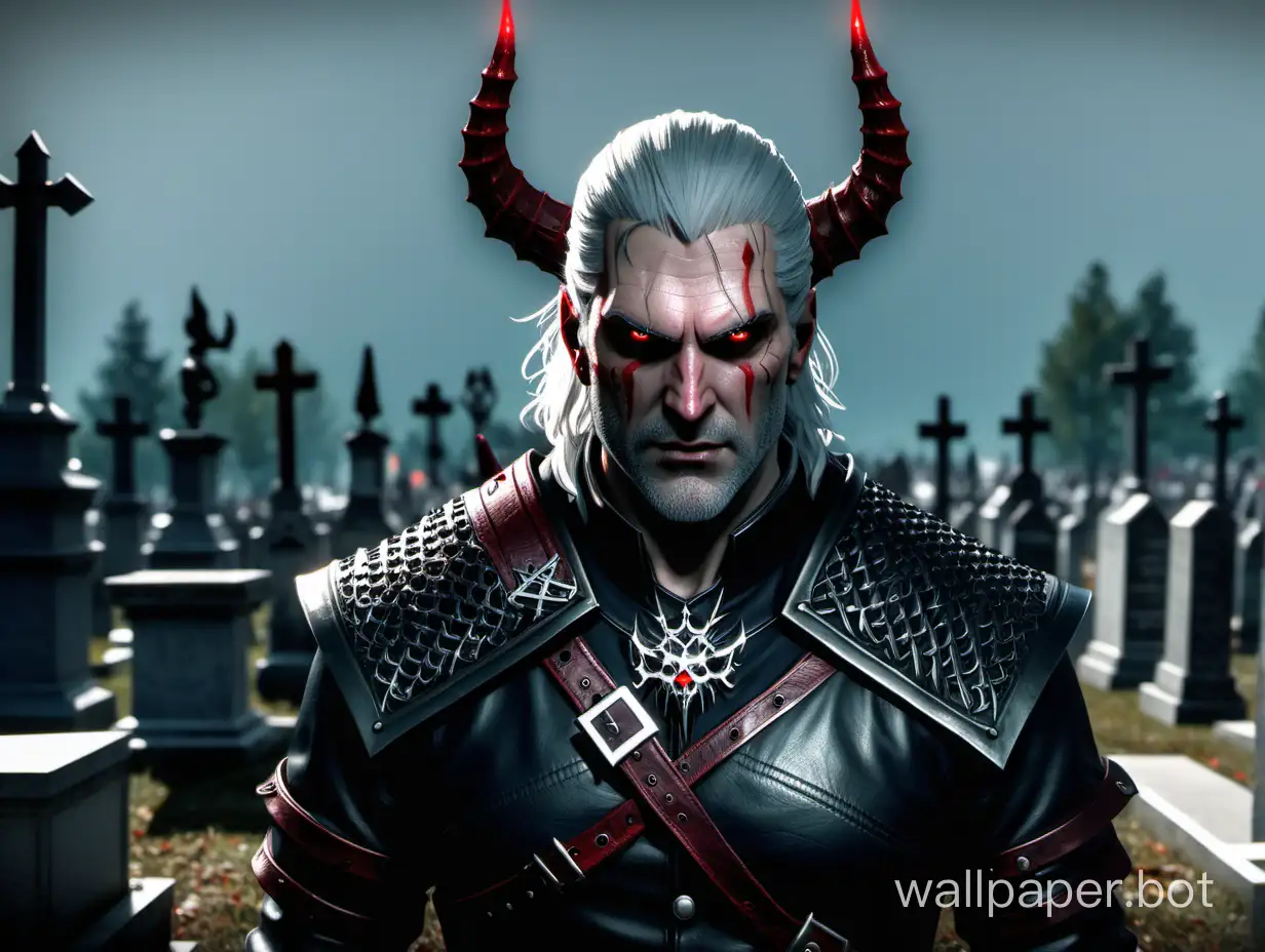 Geralt became a devil eyes shine crimson devil horns in the cemetery with a mantle