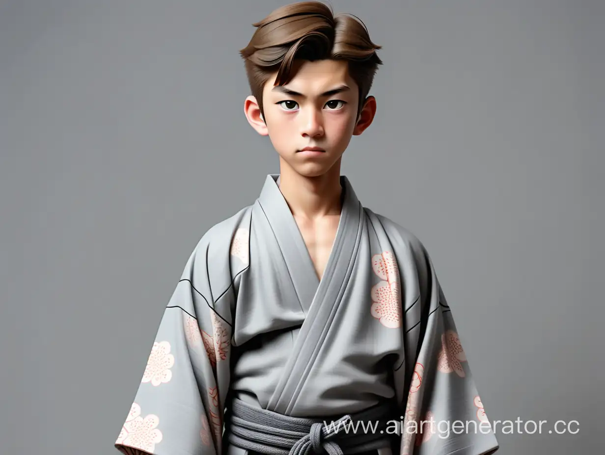 японский 16 летний мальчик в полный рост в сером кимоно на сером фоне  древние времени 