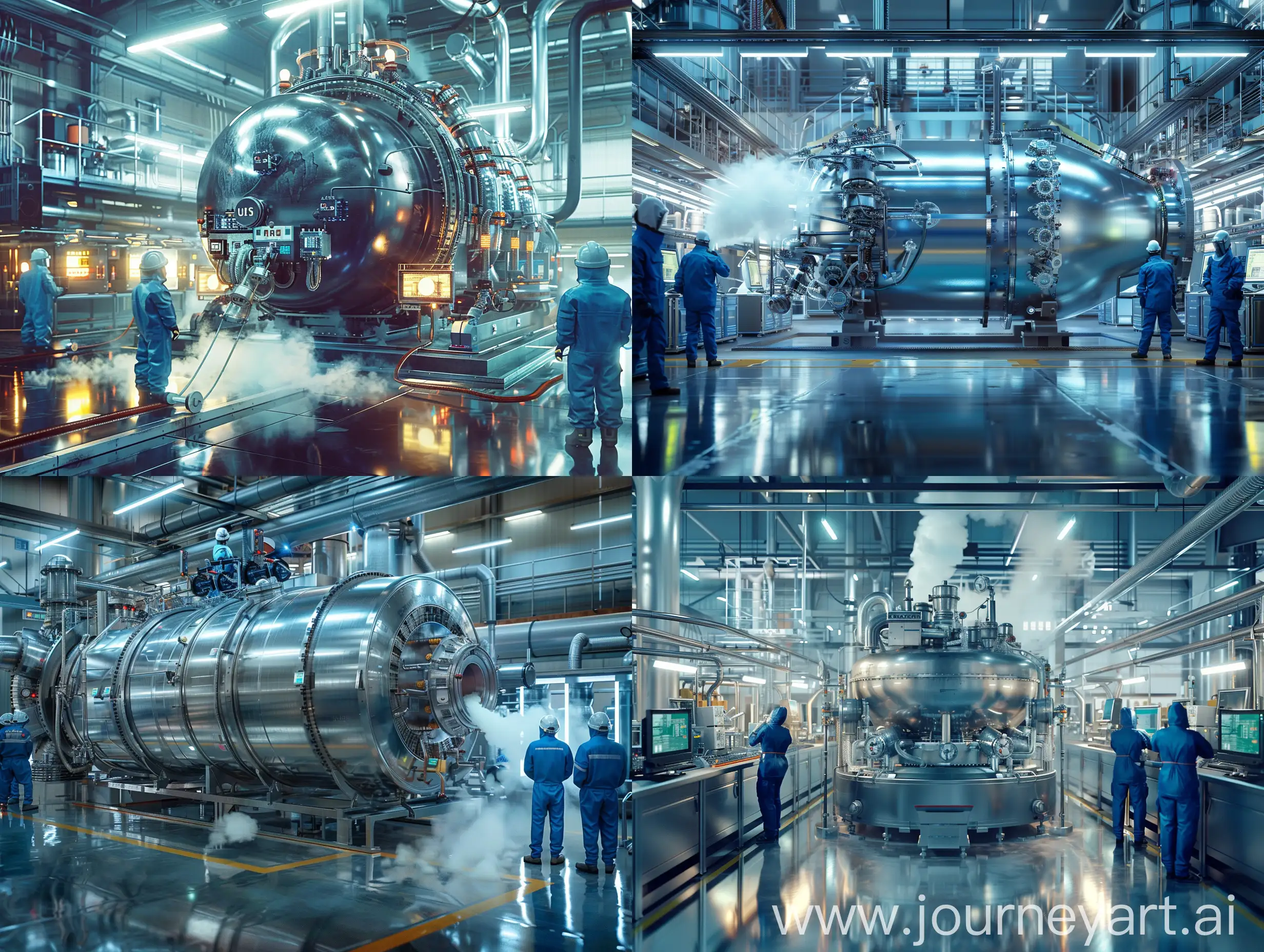 PHOTOGRAPHY ALCHEMY (masterpiece, UHD, photo-realistic:1.3), large stationary vacuum mixer, (metallic sheen, complex mechanisms:1.2), in operation, high-tech industrial setting, (production line, glossy floor:1.1), several workers in protective gear, observing process, (blue overalls, safety helmets:1.2), glowing monitors, intricate pipelines, white smoke gently rising, cool colors, diagonal shot, vibrant, looking at viewer, product innovation, precision, best quality