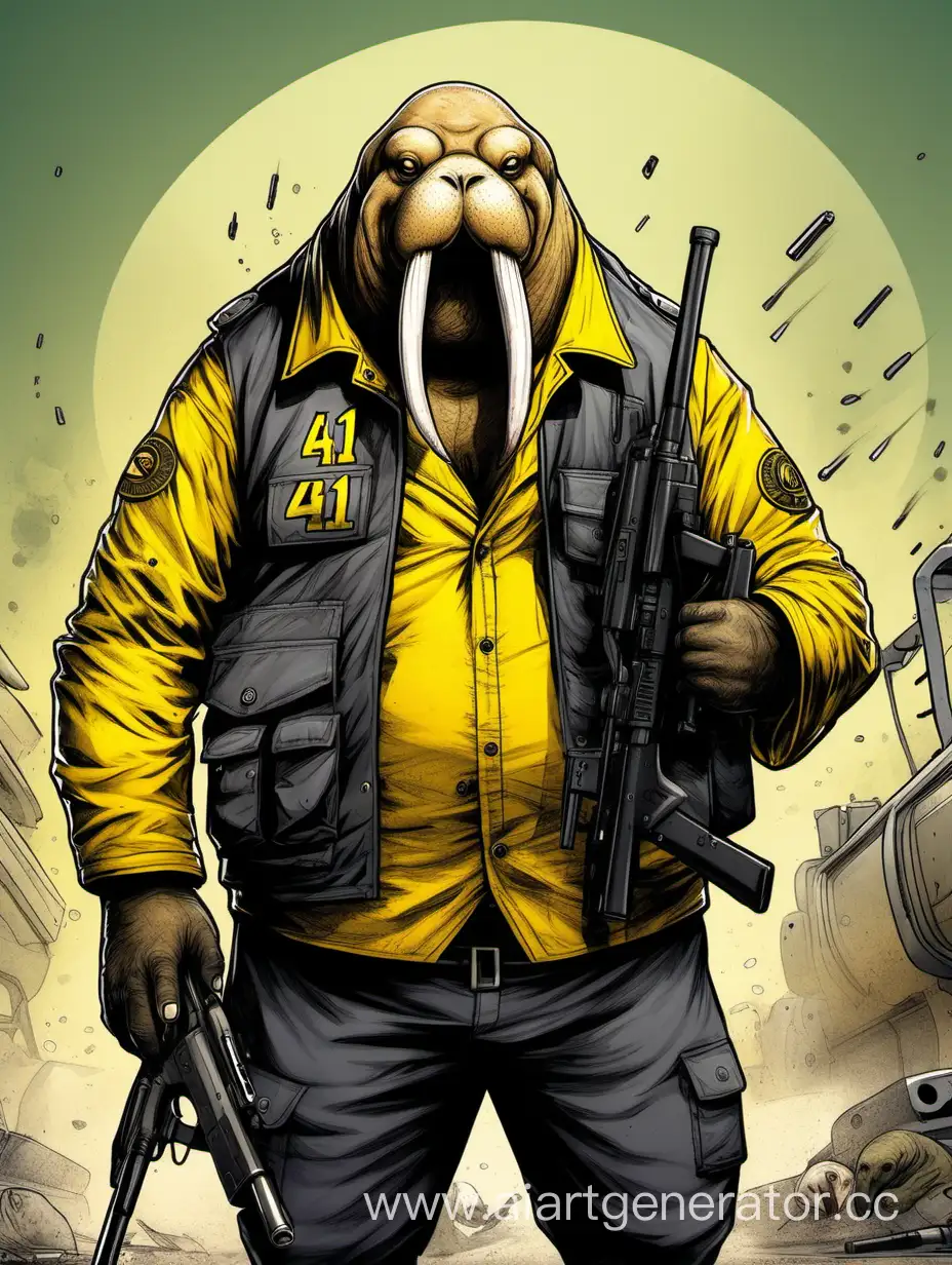 a pumped-up walrus with an epic evil face, dressed in a black and yellow combat jacket with a bulletproof vest with the number 41 on it. The walrus holds a Barret sniper rifle in his hands