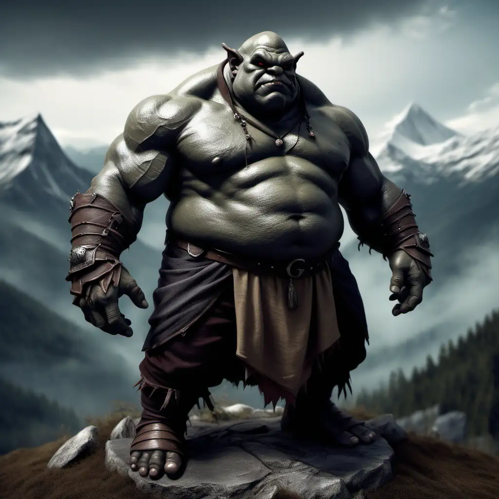 fat ogre, dark grey-brown skin, clothed, dark fantasy, mountain background
