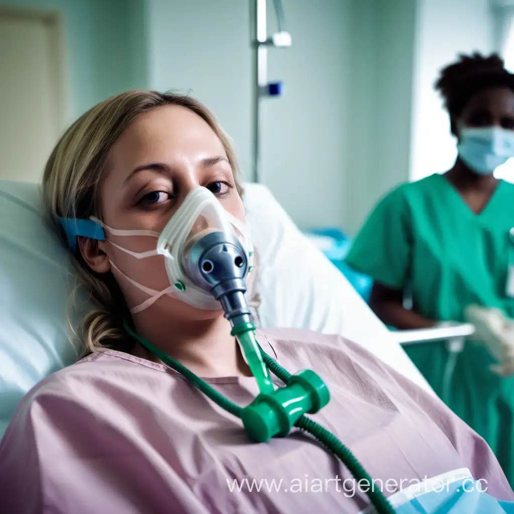 Patient-Woman-in-Hospital-Ward-with-Oxygen-Mask-Waiting-for-Surgery