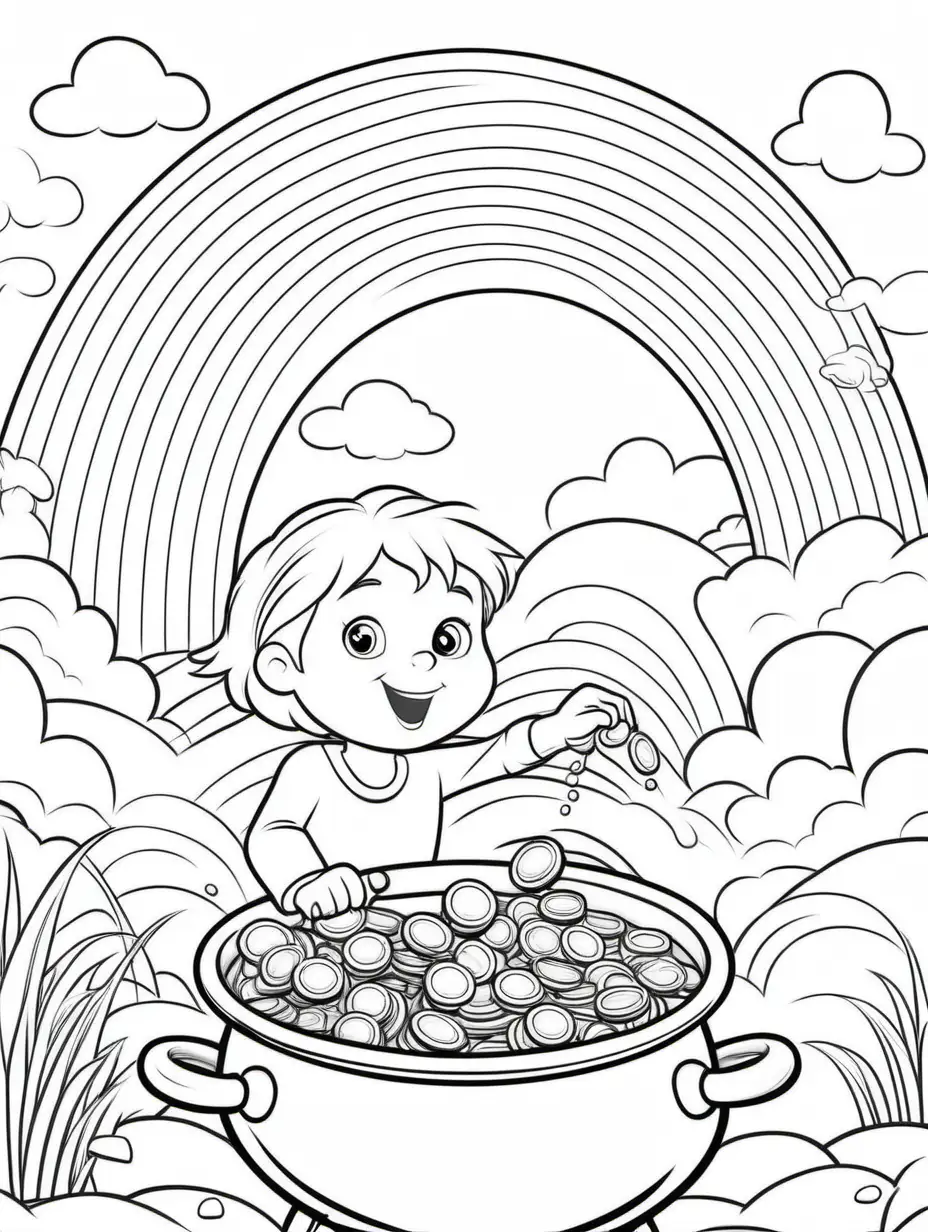 coloring book for kids, thick lines solid lines, child finds pot of gold coins  at end of rainbow