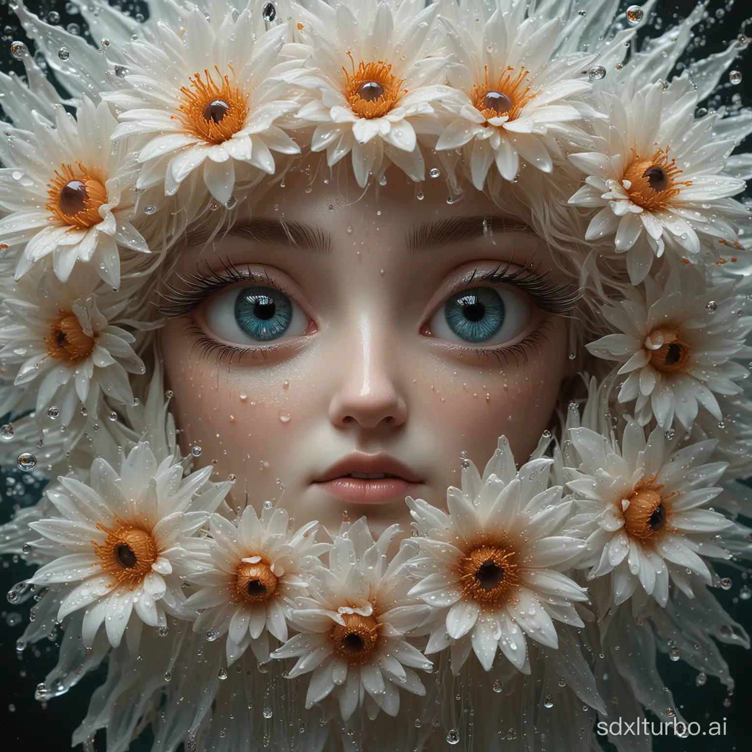 Tender flower with sharp, glowing eyes and an expressive gaze, petals entrapped with water droplets, texture reminiscent of sculptural art, oil and marker lines on fractured epoxy glass blend, Christine Ellger and Mark Ryden style, bioluminescent beauty, ultra fine, highly stylized