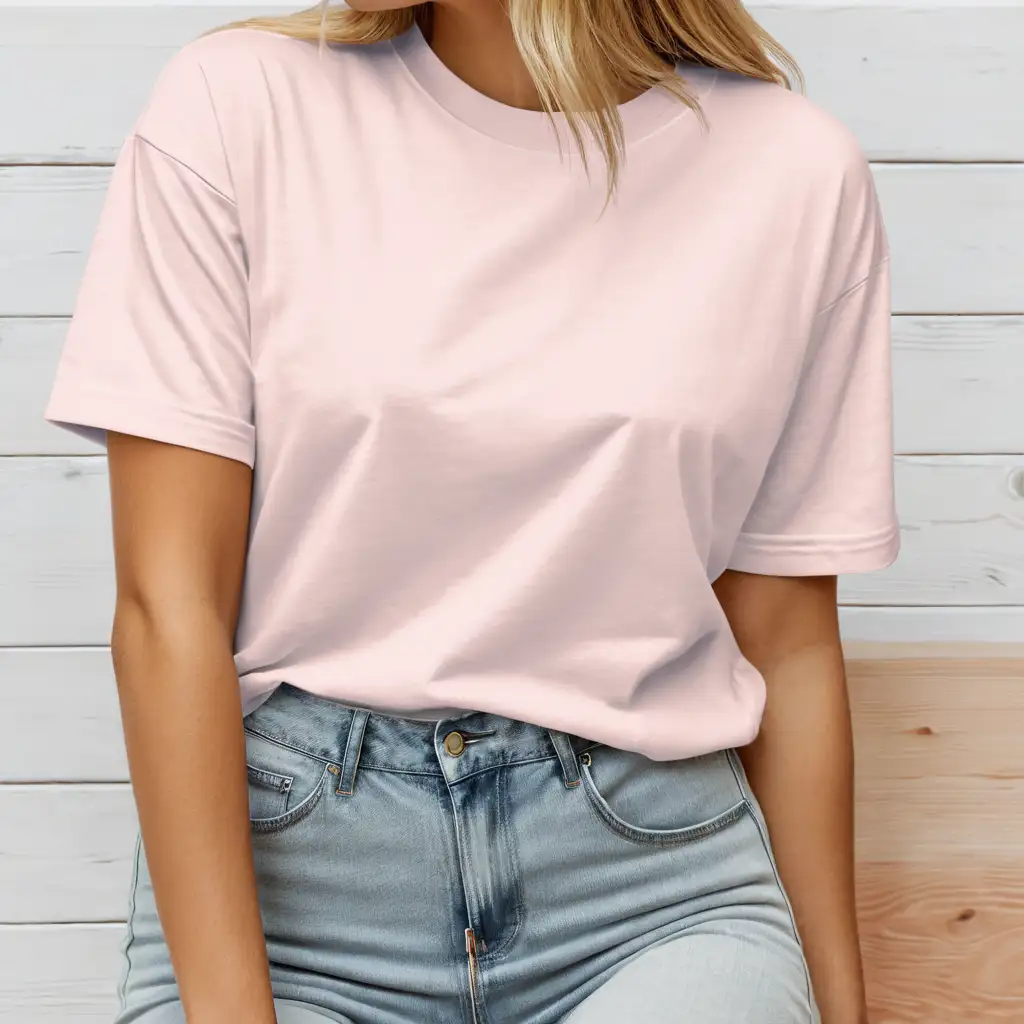 realistic blonde woman wearing bella canvas 3001 soft pink color oversized t-shirt mockup, white wood background, no deformation, soft light