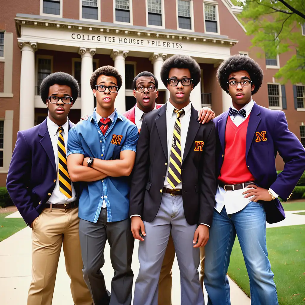 In the spirit of Revenge of the Nerds, generate a comical image of four nerdy black college fraternity guys with one beautiful black coed on a college campus. Behind the nerds, show a rowdy frat house for the cool guys.