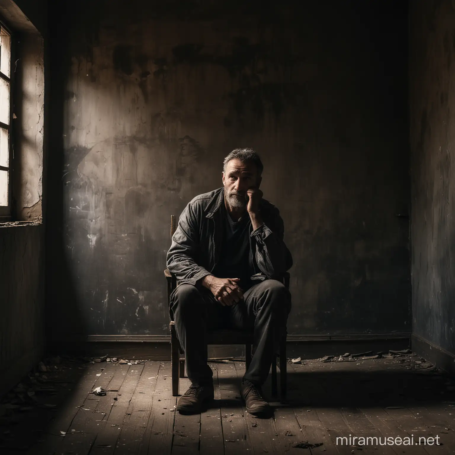 A man sitting on chair  he gives back to us in a dark and old-looking room.we saw the room walls with harsh texture 