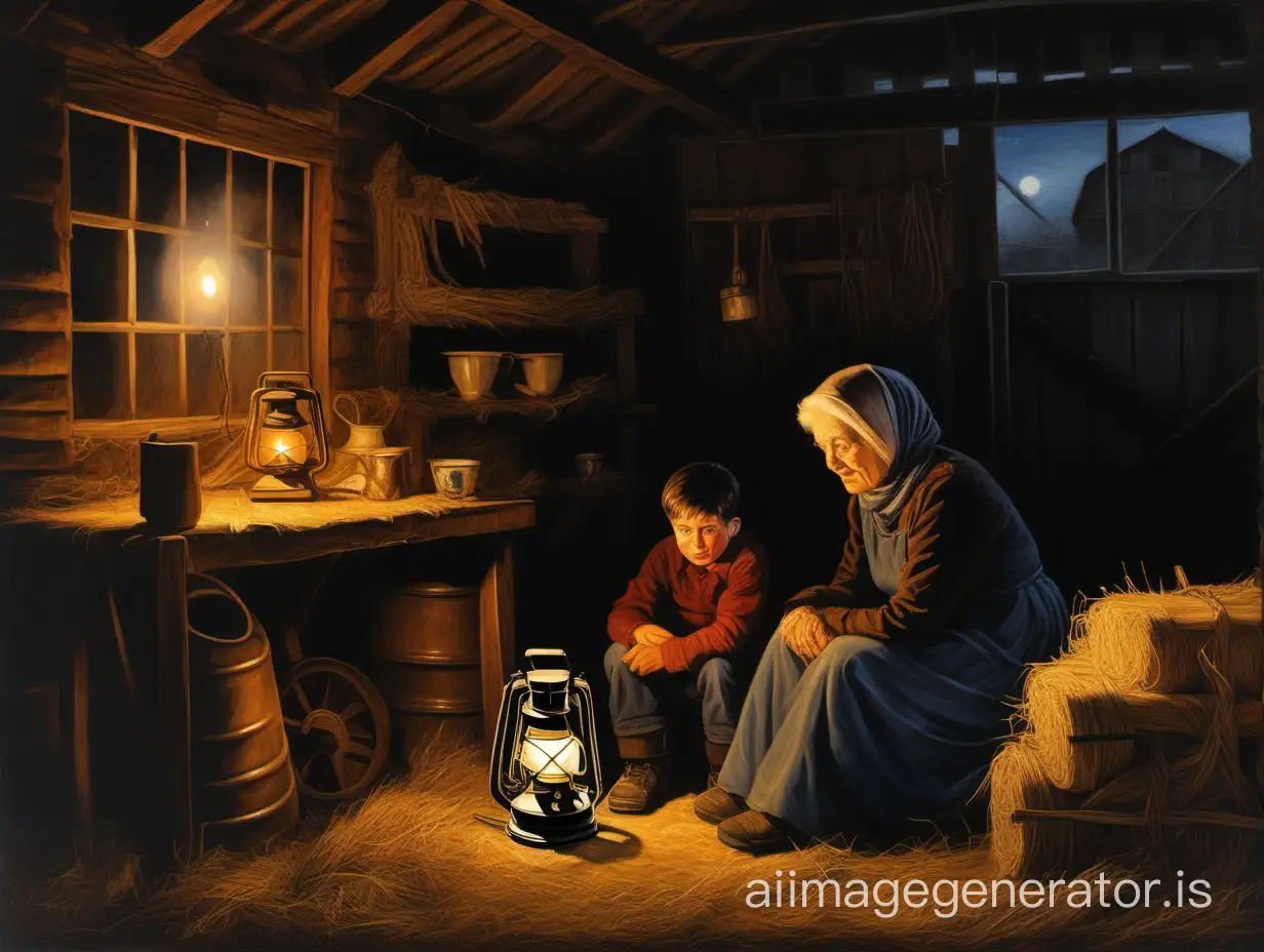 an oil painting where a boy and his grandmother sit in a dark brick barn at night with a kerosene lamp in the middle of the barn. And they are sitting on the hay and there is a samovar . There is a window in the barn where a dark street is visible
brick barn boy and grandmother
