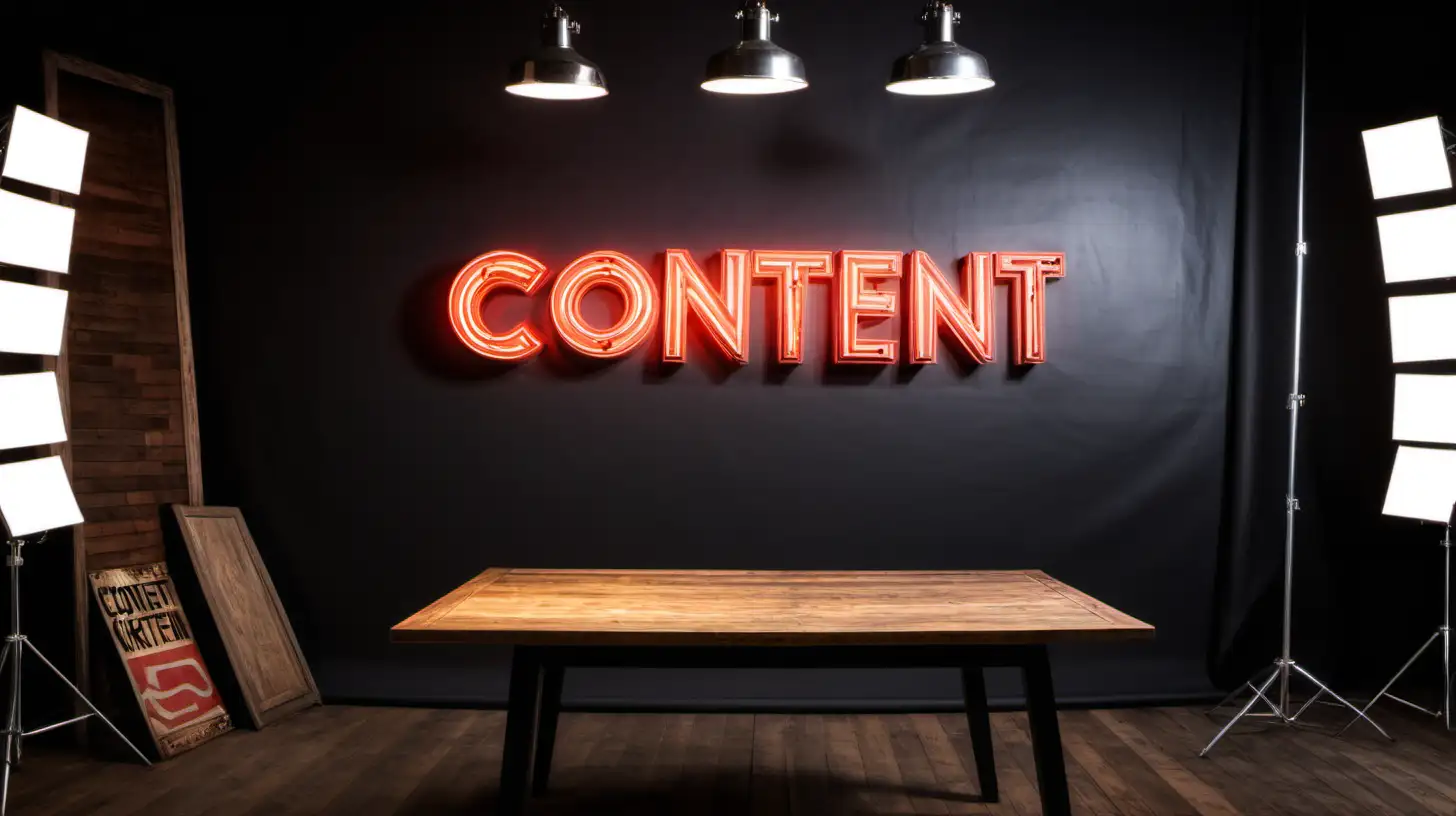 Studio background with wooden table in frame and studio lights in the background, but leave space for me to add a person behind the cente of the table also I want a neon sign on the back wall that says "Content Marketing"
