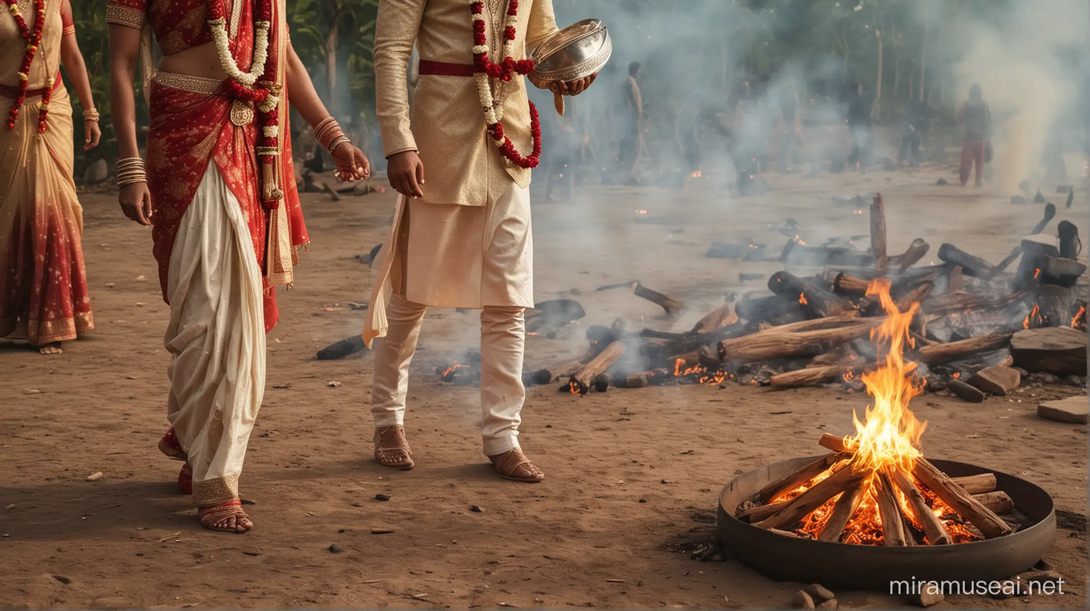image of an Indian wedding ceremony, 'saat phere' (seven steps) ritual. Show the bride and groom walking around a sacred fire.