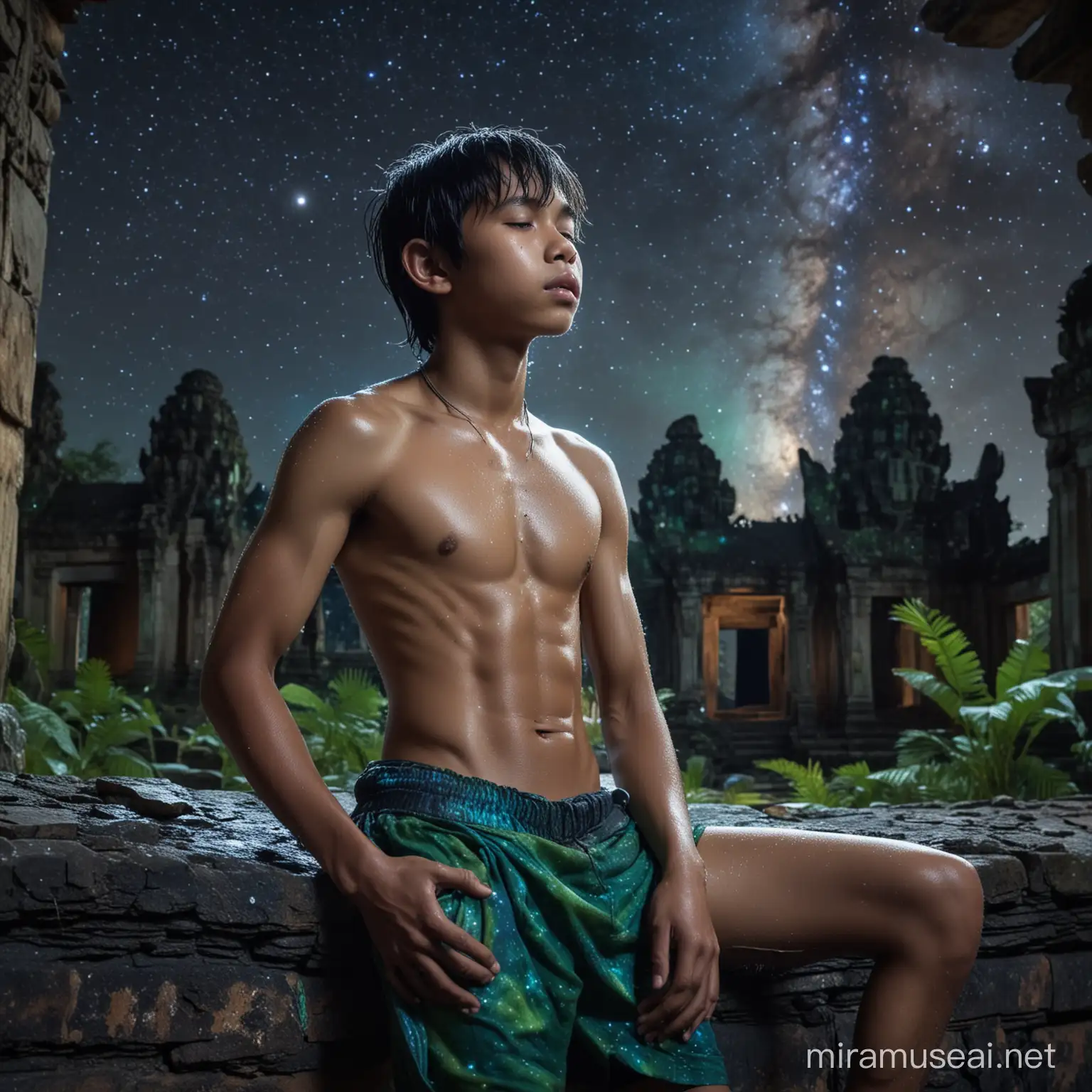 A sexy asian shirtless muscular sweaty wet Mowgli. The boy must be very athletic and muscled. The boy is sleeping in the ruins of a cambodian temple in a jungle. At night. With blue and green neon colors ambient. The sky is full of stars with a huge galaxy.