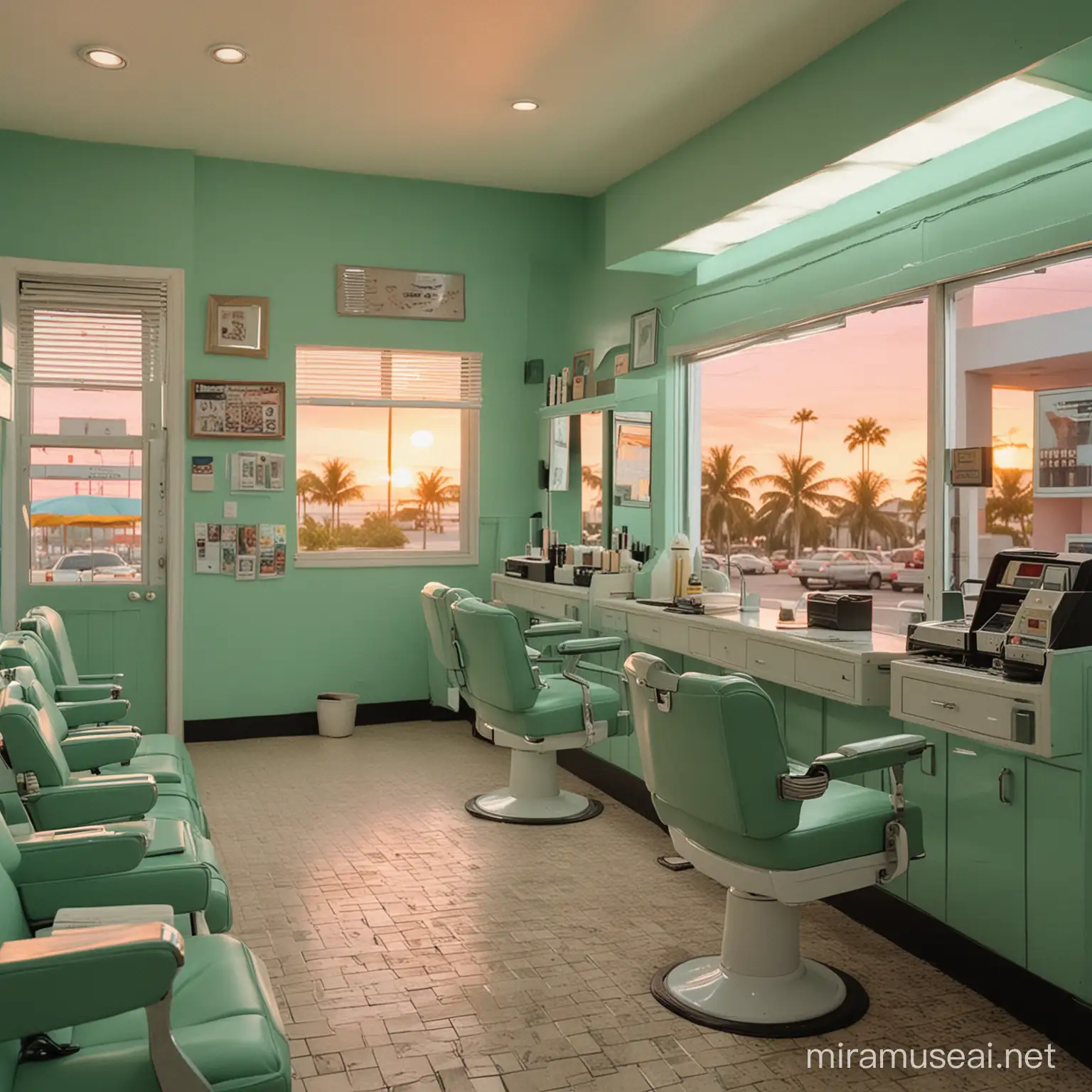 The interior of a barbershop in Miami in the 1980s, sage green colour scheme, pixelated to look like it belongs in a sega genesis game, time of day is sunset