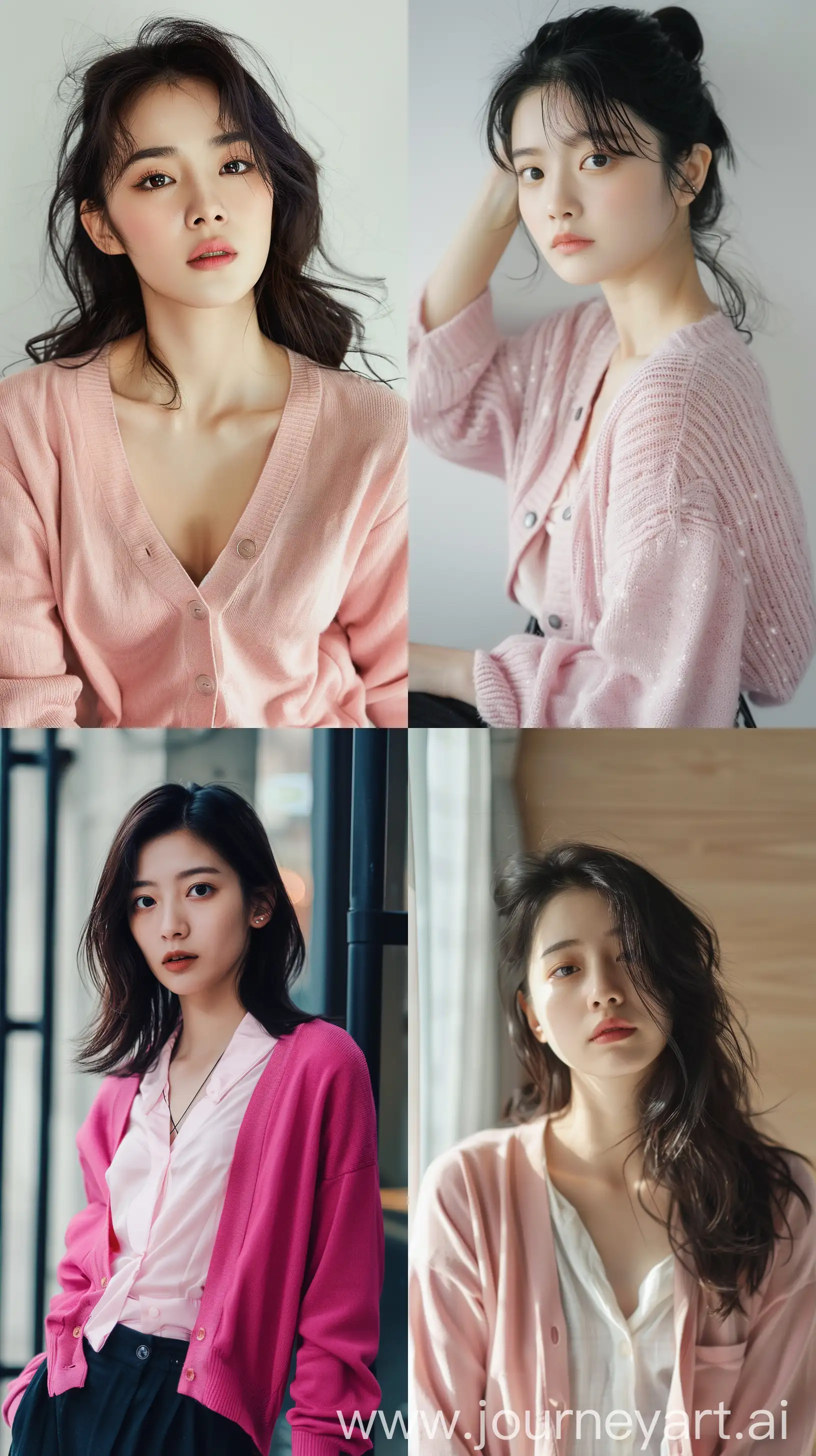 a candid photo of elegant youthful asian women wearing pink cardigan --ar 9:16 --v 6 --ar 1:1 --no 76692