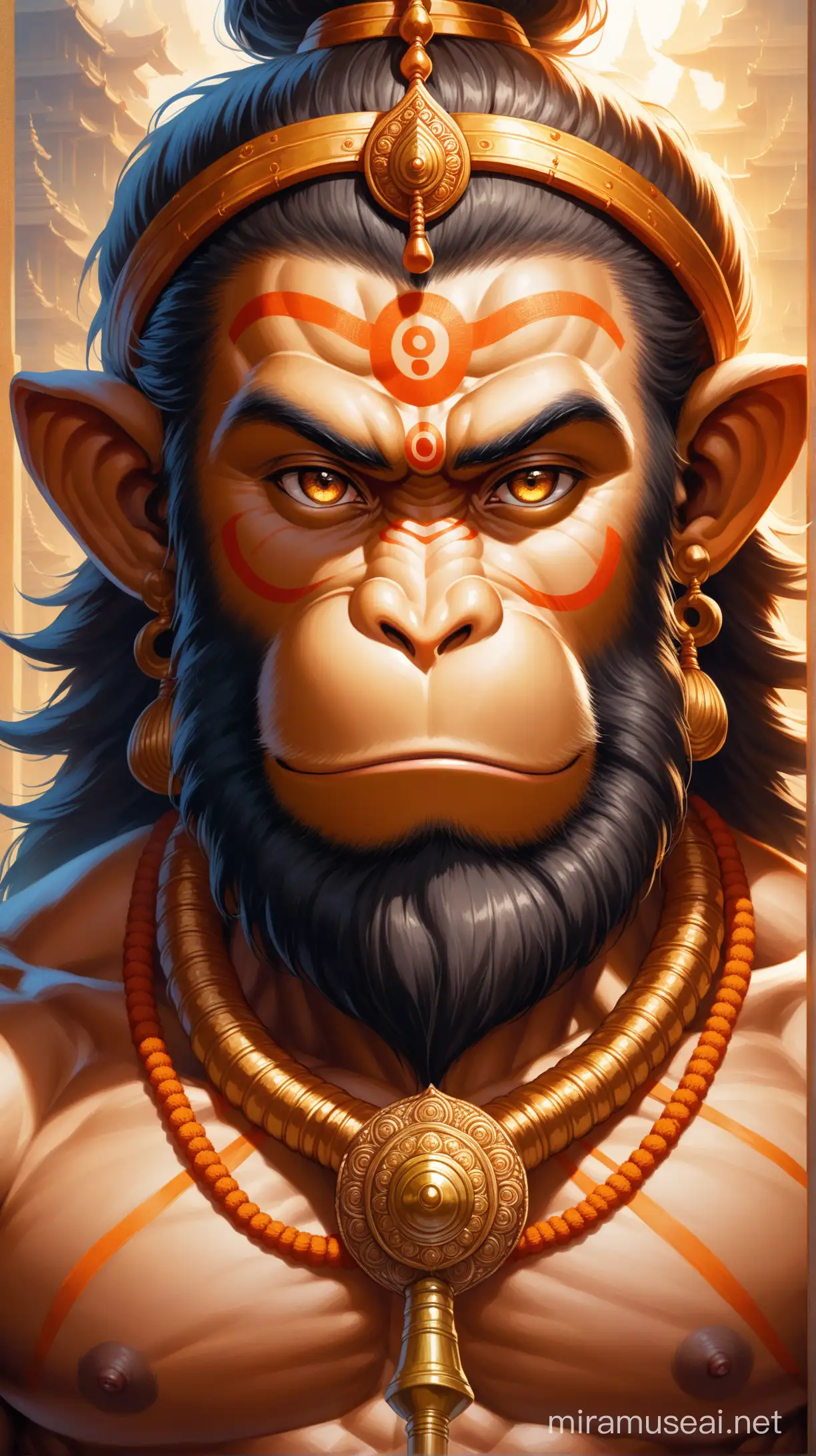 A striking, highly detailed, and realistic close-up portrait of Lord Hanuman, the divine monkey god. He has a strong, muscular face with a full beard and a gentle, wise expression. His eyes are open, revealing a deep sense of devotion and compassion. His hair is tousled, and his forehead is adorned with a sacred mark. He wears a traditional dhoti and is holding a mace in his right hand. The background is a soft, blurred, and subtle representation of a temple, adding a sense of spirituality to the image. Front face