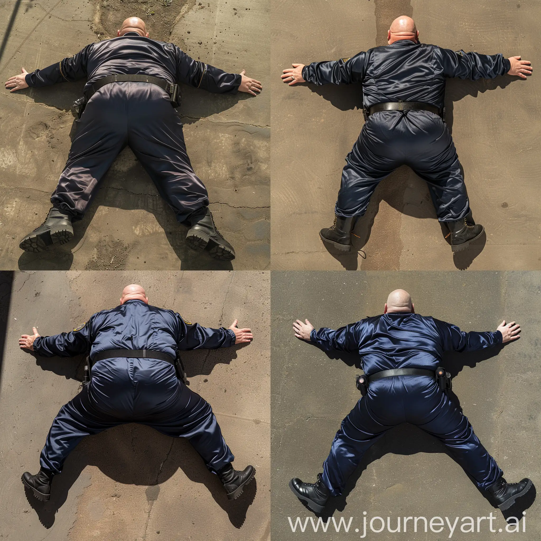 Aerial back view photo of a fat man aged 60 wearing a silk navy security guard skinny-fitted full coverall tucked in black tactical boots. Black tactical belt. His body is lying flat on the ground. Legs and arms extended. Outside. Bald. Clean Shaven. Natural light