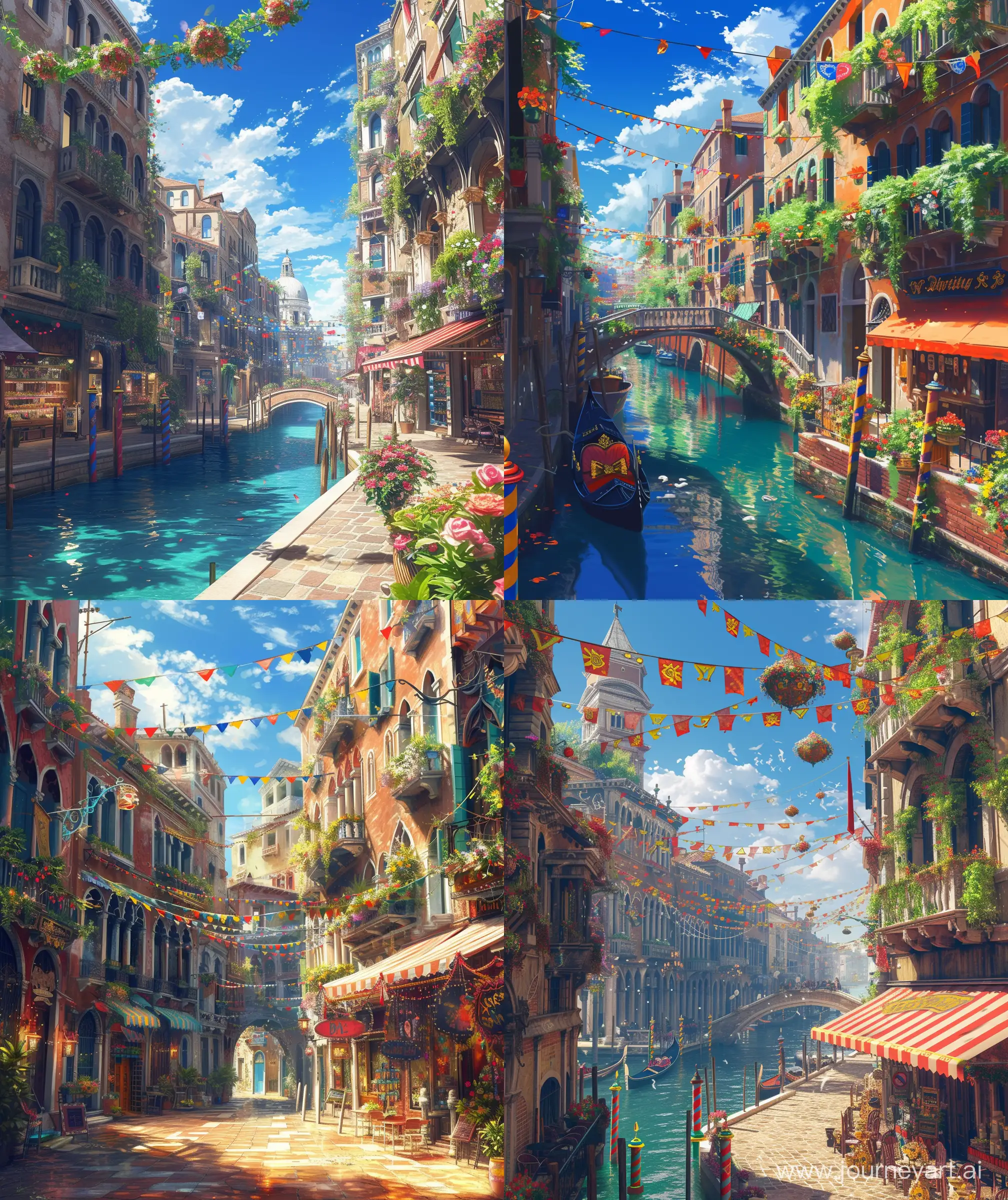 Anime scenary, Day time, venice , beautiful street, carnival, beautifully decorated city, vibrant look, contrast, ultra hd, High quality,
--ar 27:32 --v 6