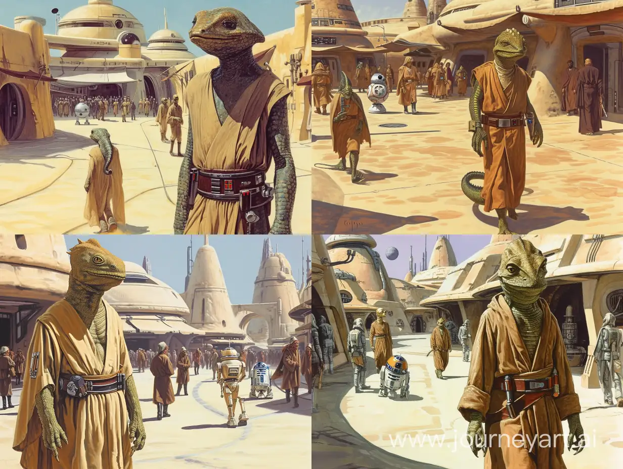 Concept art of an a humanoid reptilian alien in desert robes walking the streets of mos eisley by Ralph McQuarrie. droid and aliens in background. retro star wars. Retro Science Fiction Art. In color.

