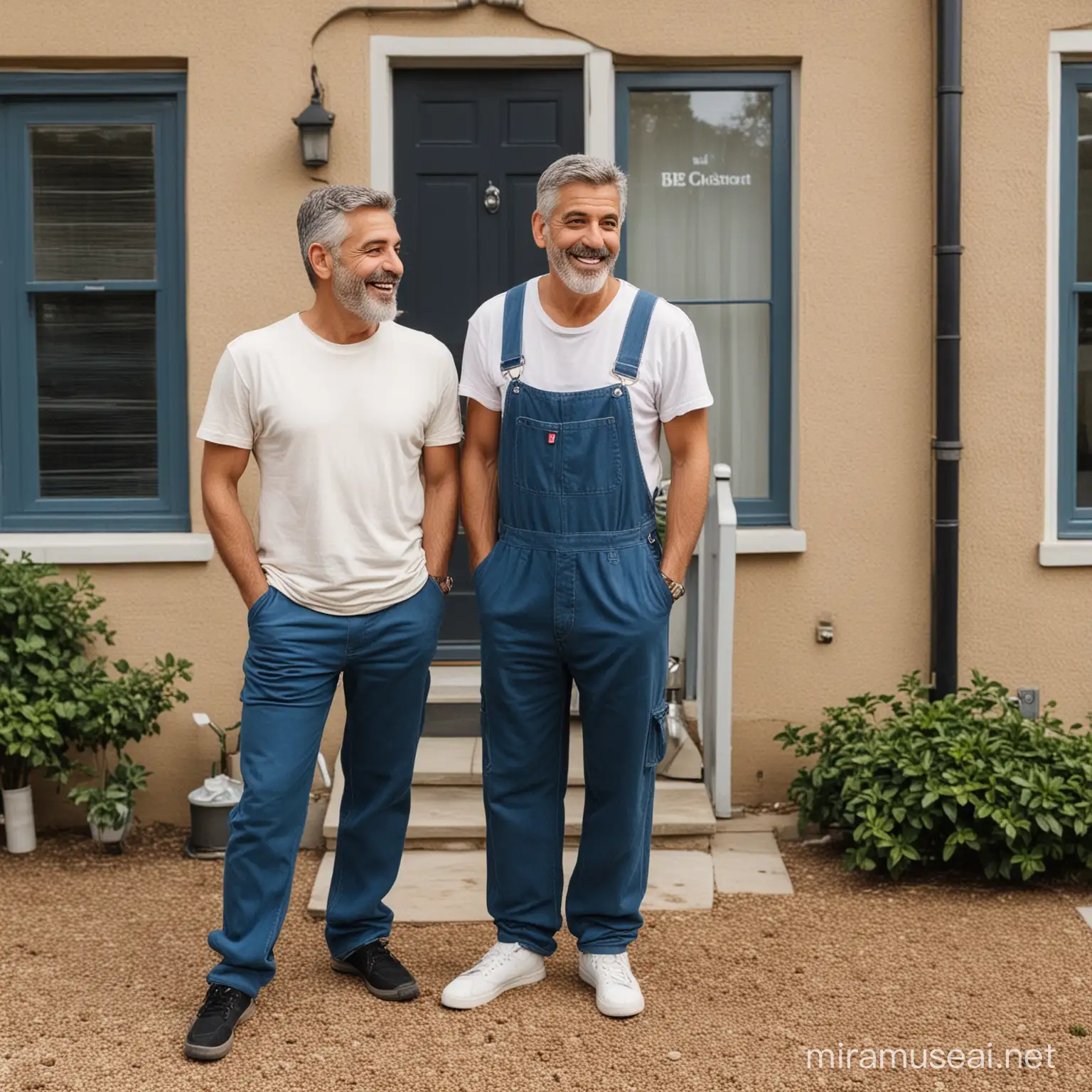 A realistic photo of two men facing each other - not as a couple, but as a customer and a gas supplier. Man number 2 is in the house coming out of the front door and man number 1 is in the yard of the house slightly behind. Both men are full-length. Man number 1 is on the outside of the house, his face is beardless, his hair is dark brown and he is wearing a blue overall, and man number 2 is wearing brown sweatpants and a white t-shirt, a white beard, about 55 years old, and he is smiling happily , man number 2 looks a bit like George Clooney.
